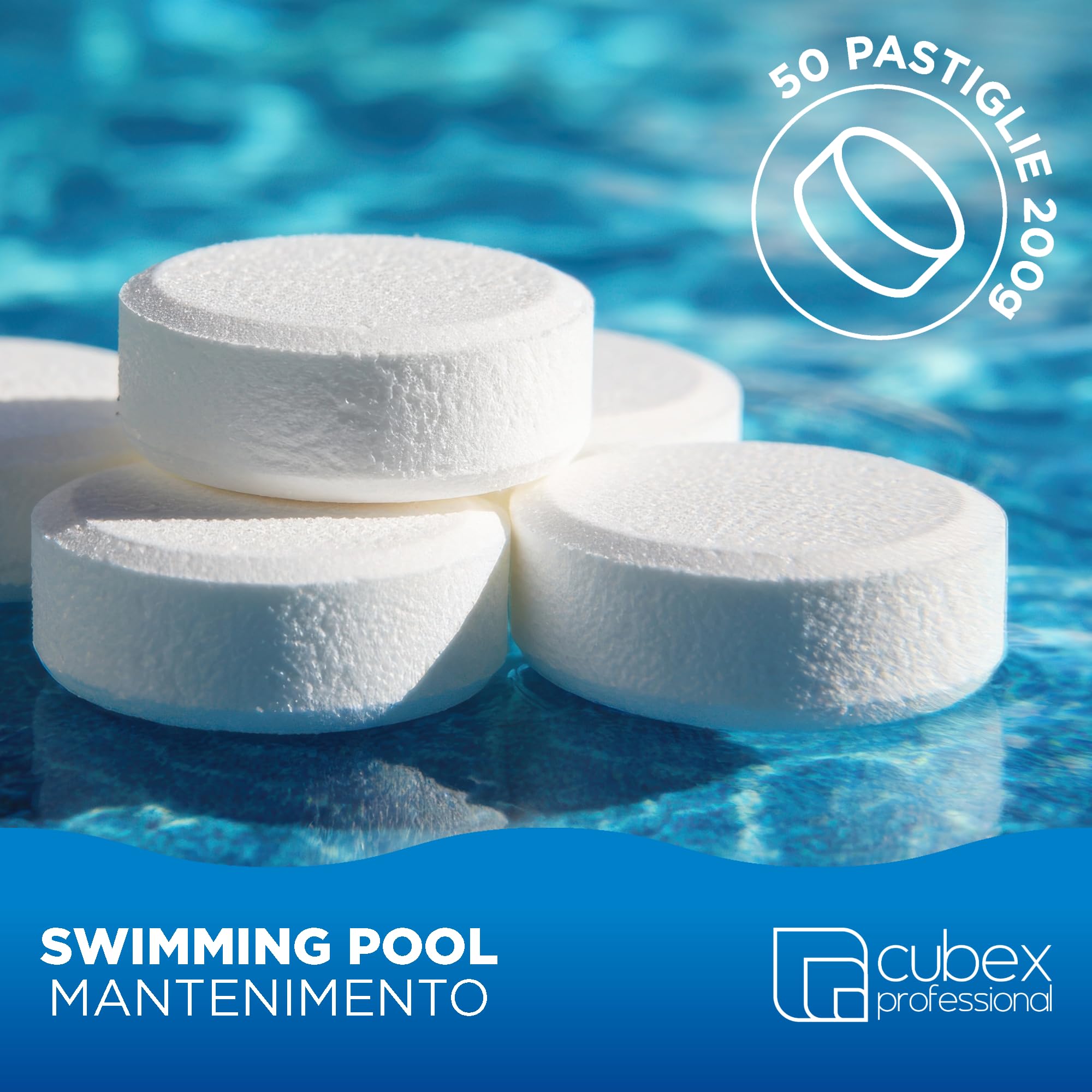 Cubex Professional ACL Multiplus 10 kg | 50 pastiglie da 200 g | Pastiglie cloro piscina multifunzione 6 azioni| Donatore di Cloro| Antialghe| Flocculante| Chiarificante| Stabilizzante| Igienizzante