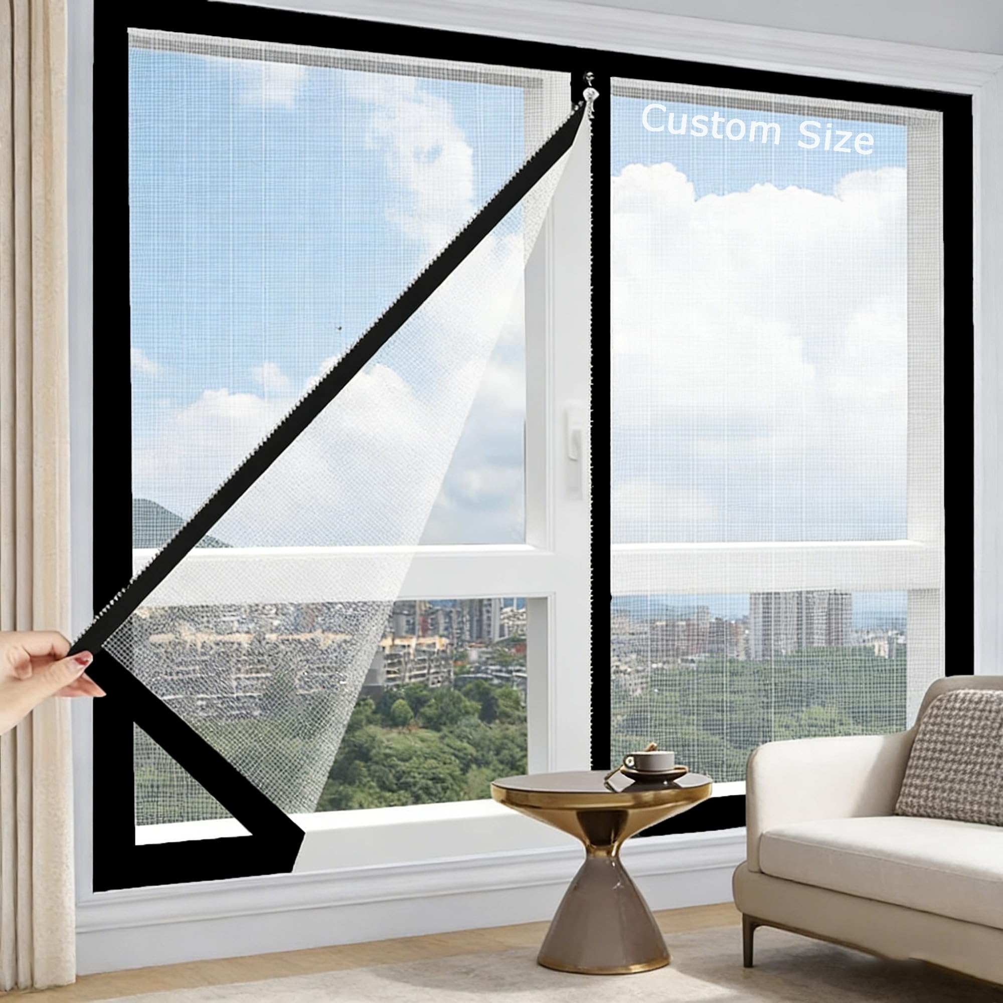 Hruile White Sticky Tape, White Mesh Custom Size Fly Screen For Window, Self-Adhesive Window Screen Mesh, Durable Mosquito Insect Bug Fly Mesh, Balcony Cat Protection Guard Net With Zipper Opening