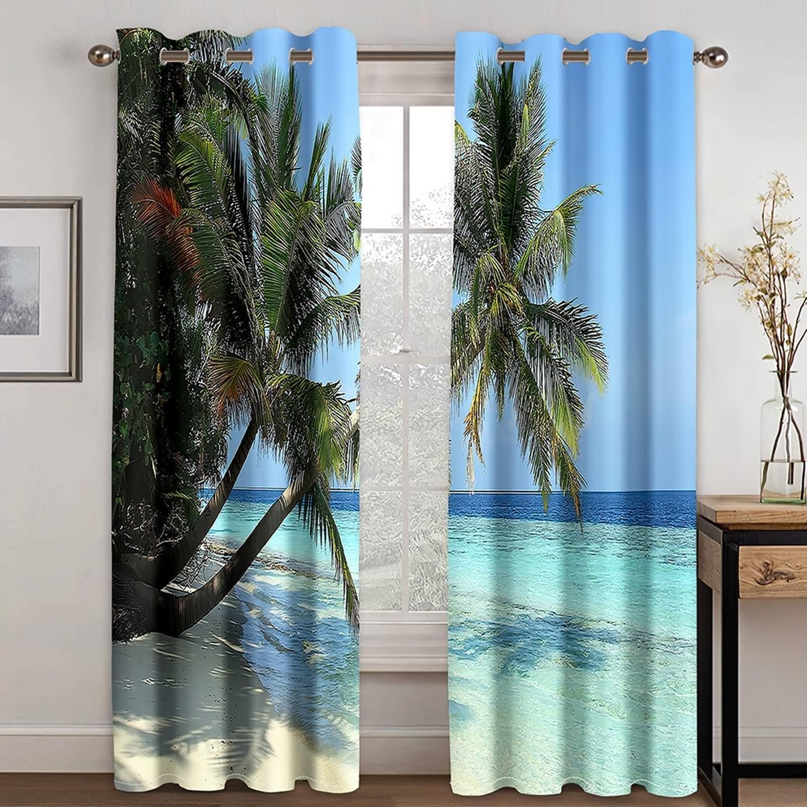 Cortina de cocina al aire libre, cortina de salón pequeña ventana, azul verde, paisaje marino con palmeras de poliéster, juego de 2 214 x 244 cm