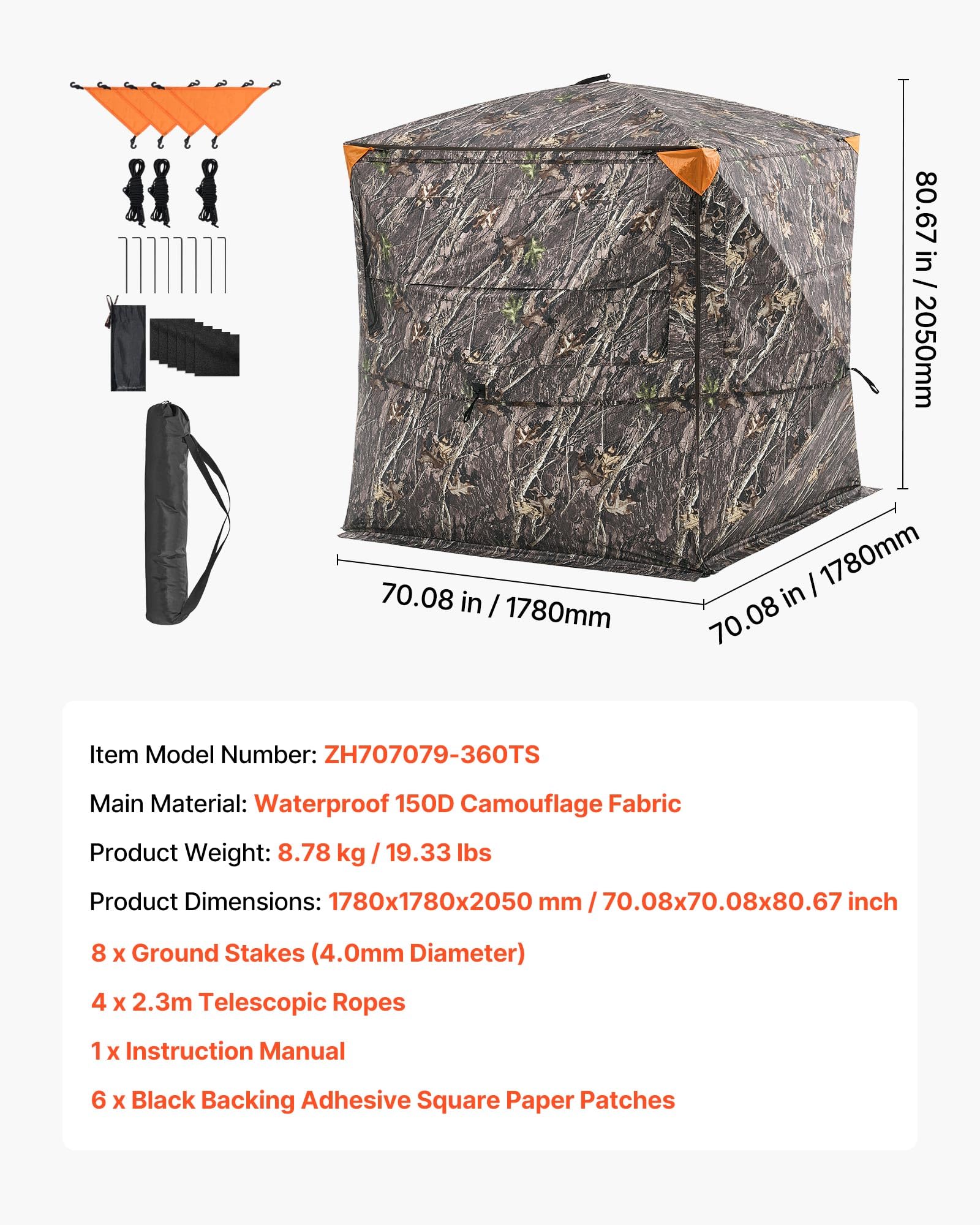 VEVOR Caccia, Tenda Termica per 2 a 3 Persone con Sedia a Tre Gambe Borsa per Il Trasporto, Mimetica Portatile, Riparo Nascosto Resistente con Porta e Finestra con Cerniera Unisex Adulto