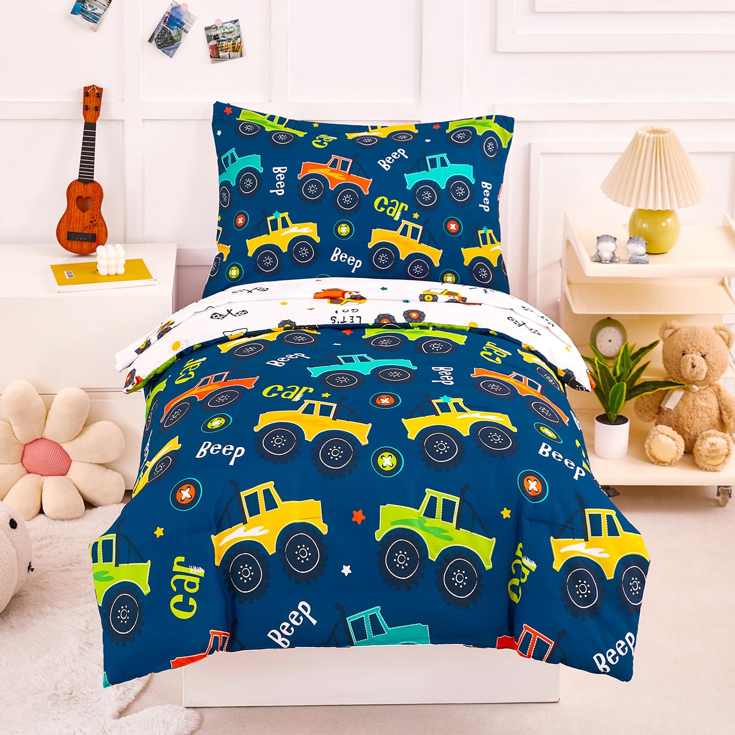 PERFEMET Car Toddler Boy Bedding Set Blue, 4 Pieces