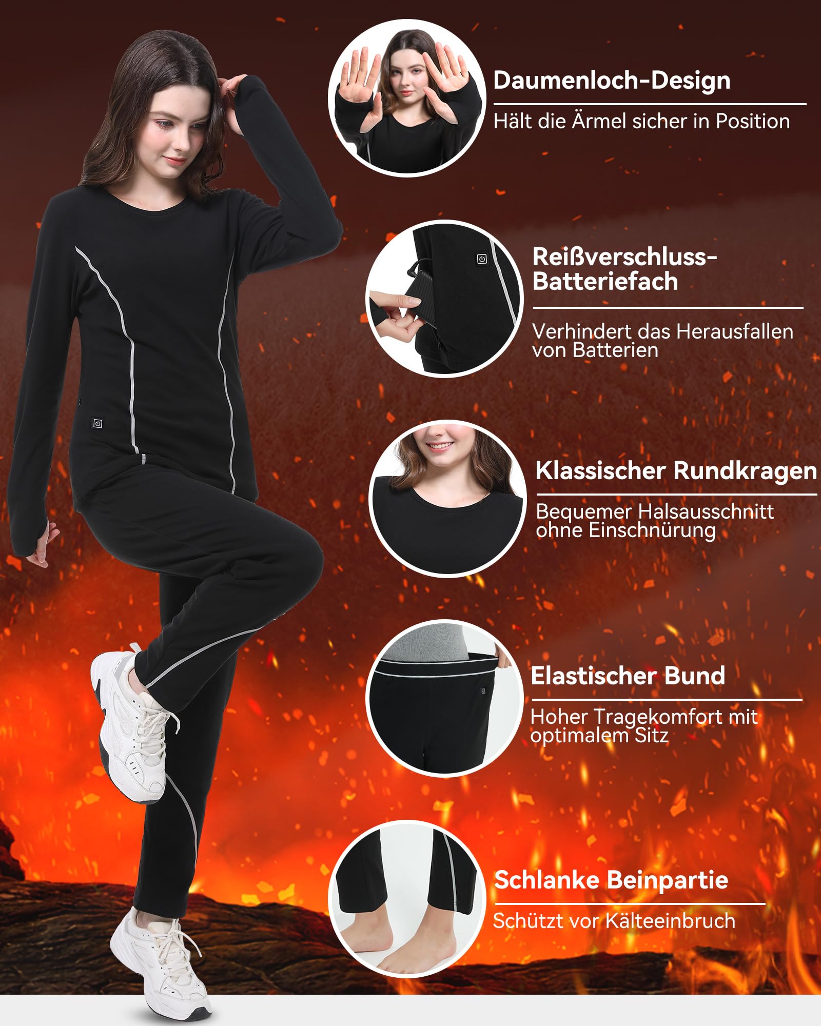 FERNIDA Beheizbare Unterwäsche Set, Damen Beheizte Warme Thermounterwäsche, Winter Warme Beheizbare Kleidung für Alltag Zuhause und Outdoor-Aktivitäten, L