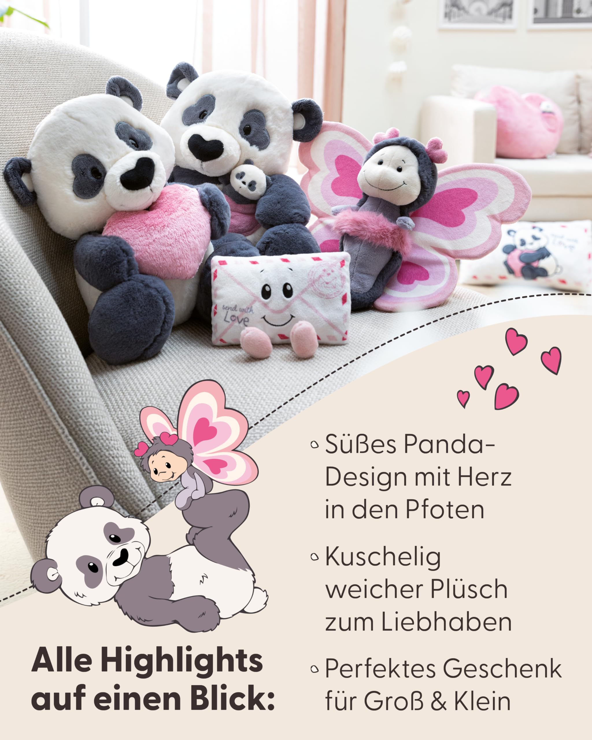 NICI Kuscheltier Love Panda mit Herz 50cm - schwarz - Weiches Plüschtier – niedliches Stofftier zum Kuscheln & Spielen – tolle Geschenkidee für Kinder & Erwachsene – 62611