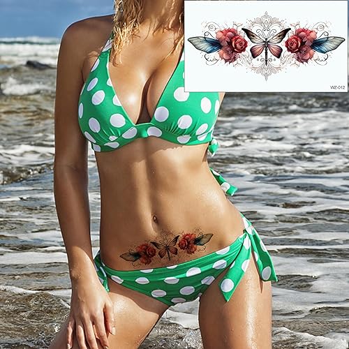 Miniatura 10 de Tatuajes temporales de flores sexys, 20 hojas, flores grandes, mariposa, encaje, ombligo, busto, estómago, glúteos, piernas, brazos, espalda baja,