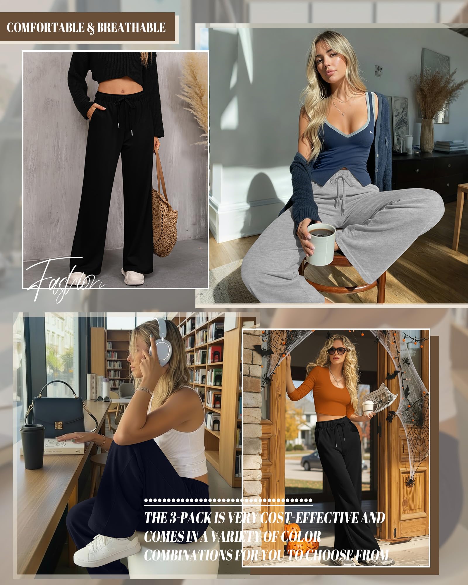 Riyiper Confezione da 3 Pantaloni da Tuta a Gamba Larga da Donna con Coulisse Dritti Vita Elastica Jogging e Tasche