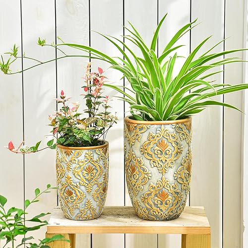 Miniatura 3 de Sungmor Juego de 2 macetas de cemento de 6.7 pulgadas y 8.6 pulgadas, macetas para suculentas con orificio de drenaje, diseño en relieve, uso en