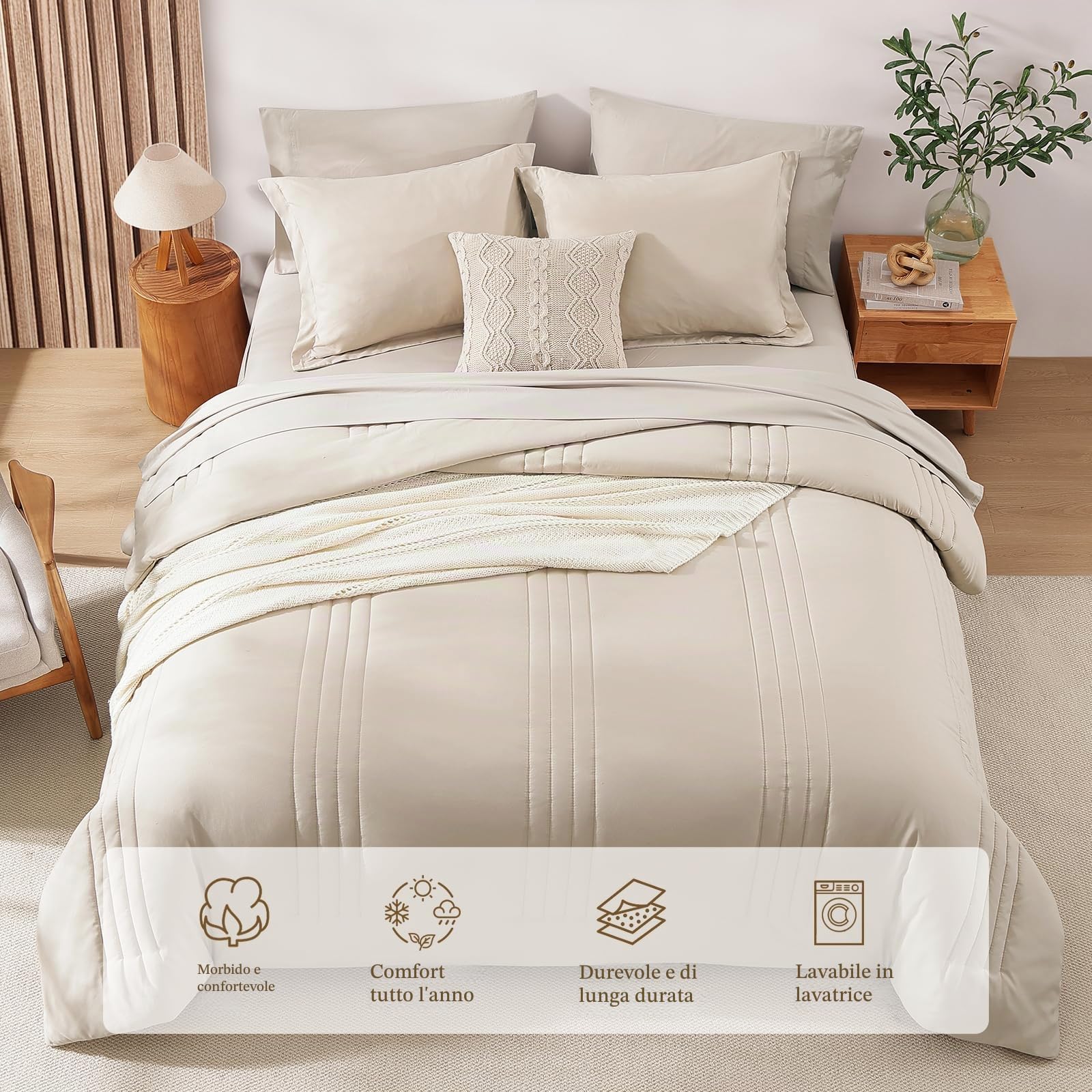 Monbix Set completo di biancheria da letto da 7 pezzi, set di biancheria da letto a grandezza naturale, caldo piumone, letto in una borsa, completo con lenzuola, federe e federe (beige albicocca, | Monbix Trapunta verticale per tutte le stagioni con lenzu
