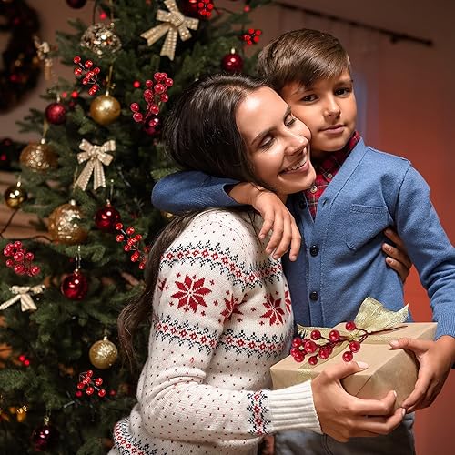 Miniatura 6 de Paquete de 20 tallos falsos de bayas rojas, bayas rojas artificiales, bayas rojas de 7.8 pulgadas para decoración de árbol de Navidad, manualidades,