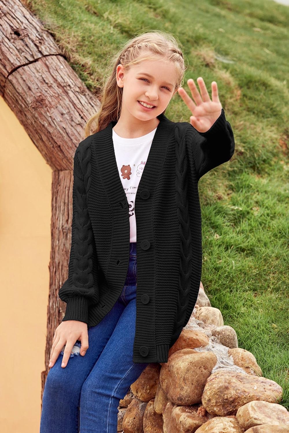 Apbondy Girls Cable Knit Cardigans Button Down Long Sleeve Chunky Sweater Outerwear - Image 3