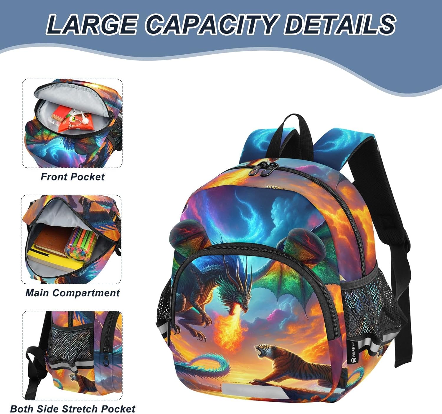 CHIFIGNO Dragon Tiger Fight Backpack for Toddler Boys Girls Kids Backpacks Small Travel Back Pack for Preschool Kindergarten Elementary