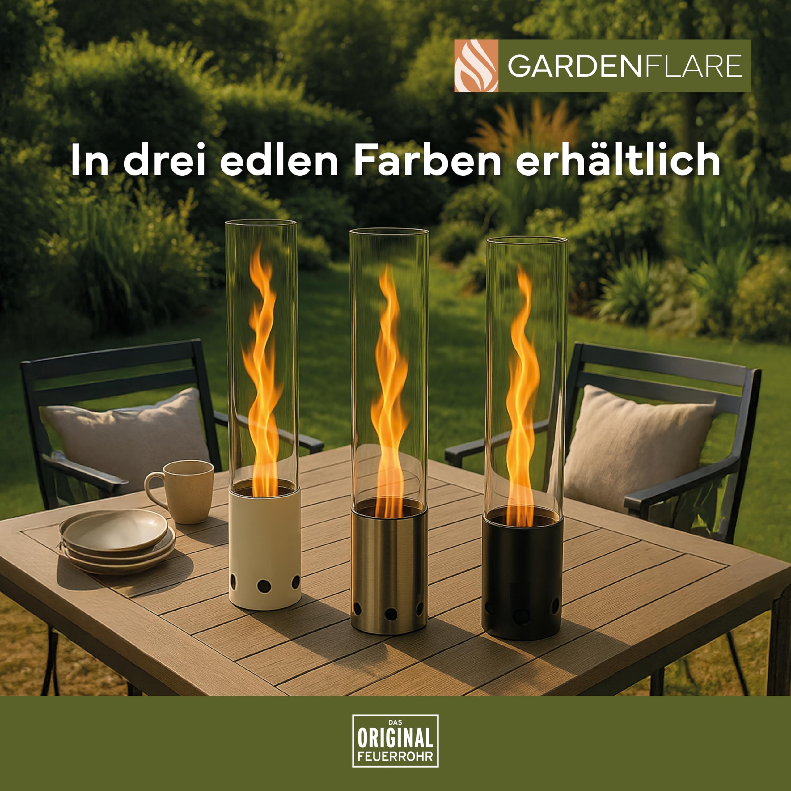 GARDENFLARE Tischkamin Outdoor – Rauchfreies Edelstahl Tischfeuer und Feuerrohr für Balkon & Terrasse – Hochwertige Gartendeko, Windlicht mit Holzpellet Betrieb (Schwarz)