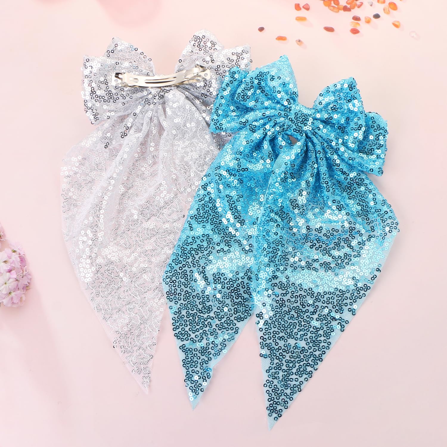 2pcs Sequin Bow Hair Bow Tie Big Glitter Bow Hair Clips,UHOMENY Bow knot Hair Styling Clips Hair Barrettes Wedding Hair Clips Double Bow Sparkly Large Ribbon Headdress Hair Accessories (Silver - Image 4