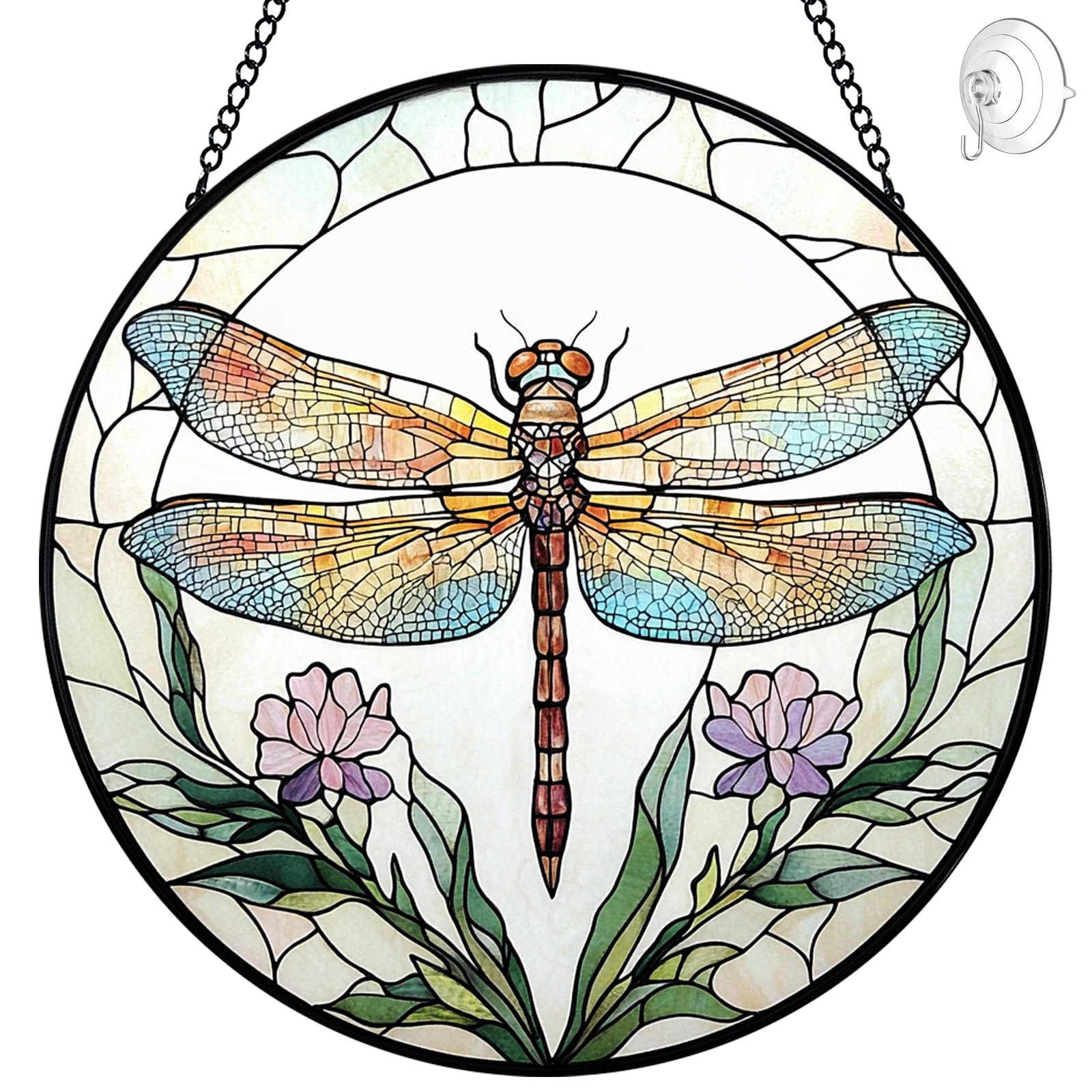 Dragonfly with Flower Suncatcher Stained Glass Window Hanging - 8” Stained Glass Suncatchers for Windows - Sun Catchers Indoor Window Catcher with Hooks and Chain - Birthday Gifts for Mom Grandma