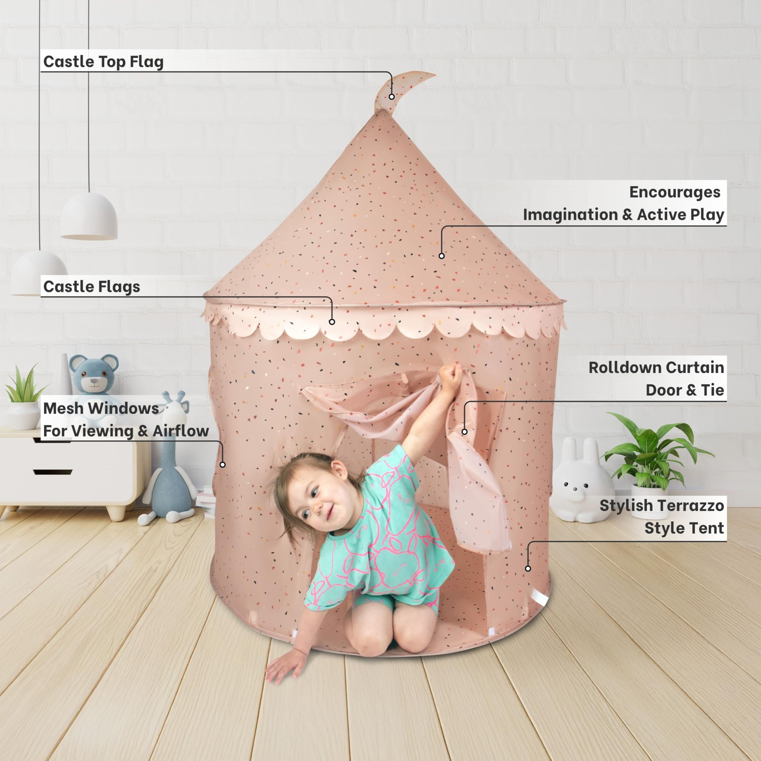 Relsy Kids Pop Up Play Tent And Tunnel, Indoor/Outdoor Childs Playhouse Alabama Clay Terrazzo Style - Image 4