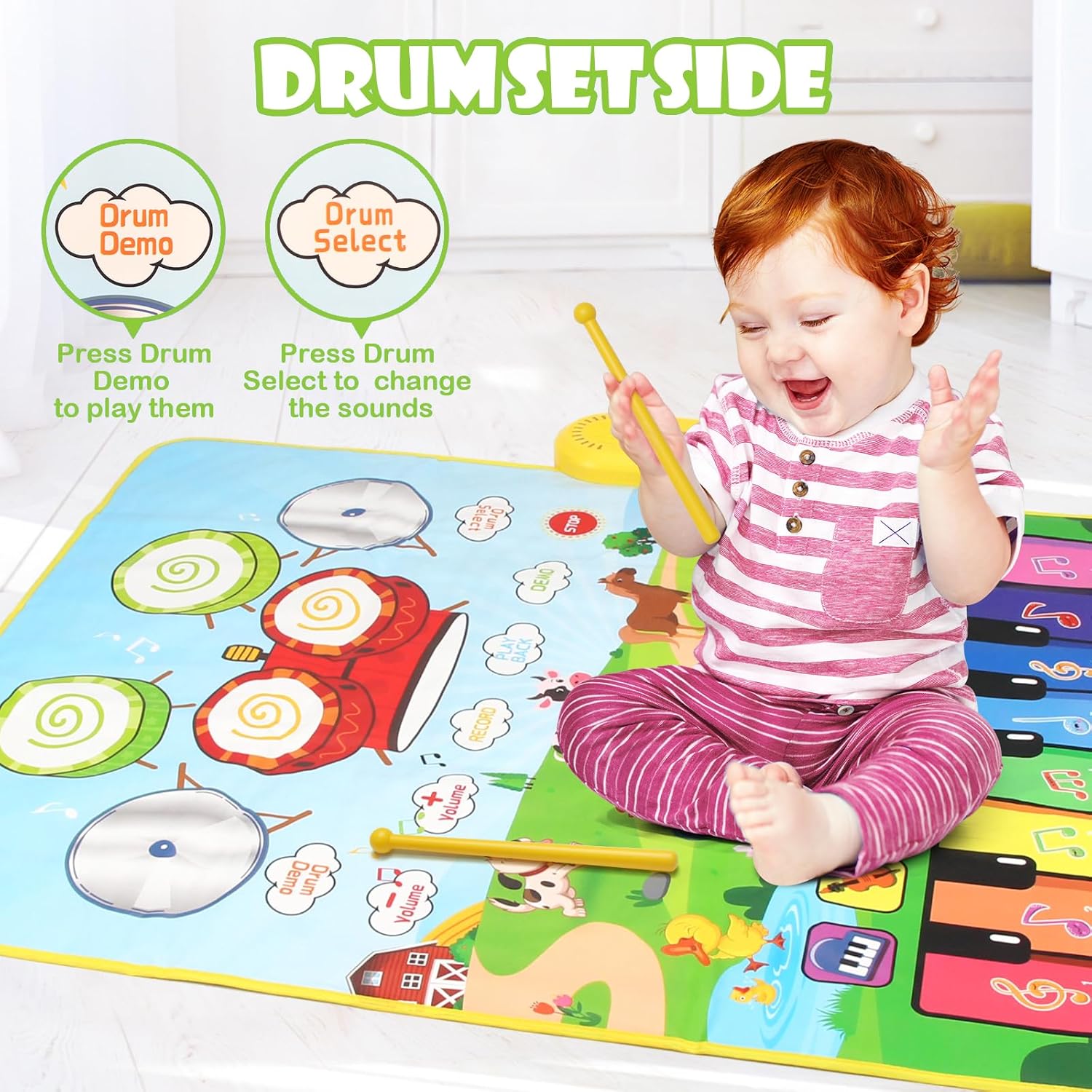 Baby Musical Play Mat,Early Educational 3 in 1 Floor Piano Drum Animal Play Blanket Montessori Sensory Musical Learning Toys,Baby 1-3 Birthday (Green Farm Pattern-35.4"*27.5 ")