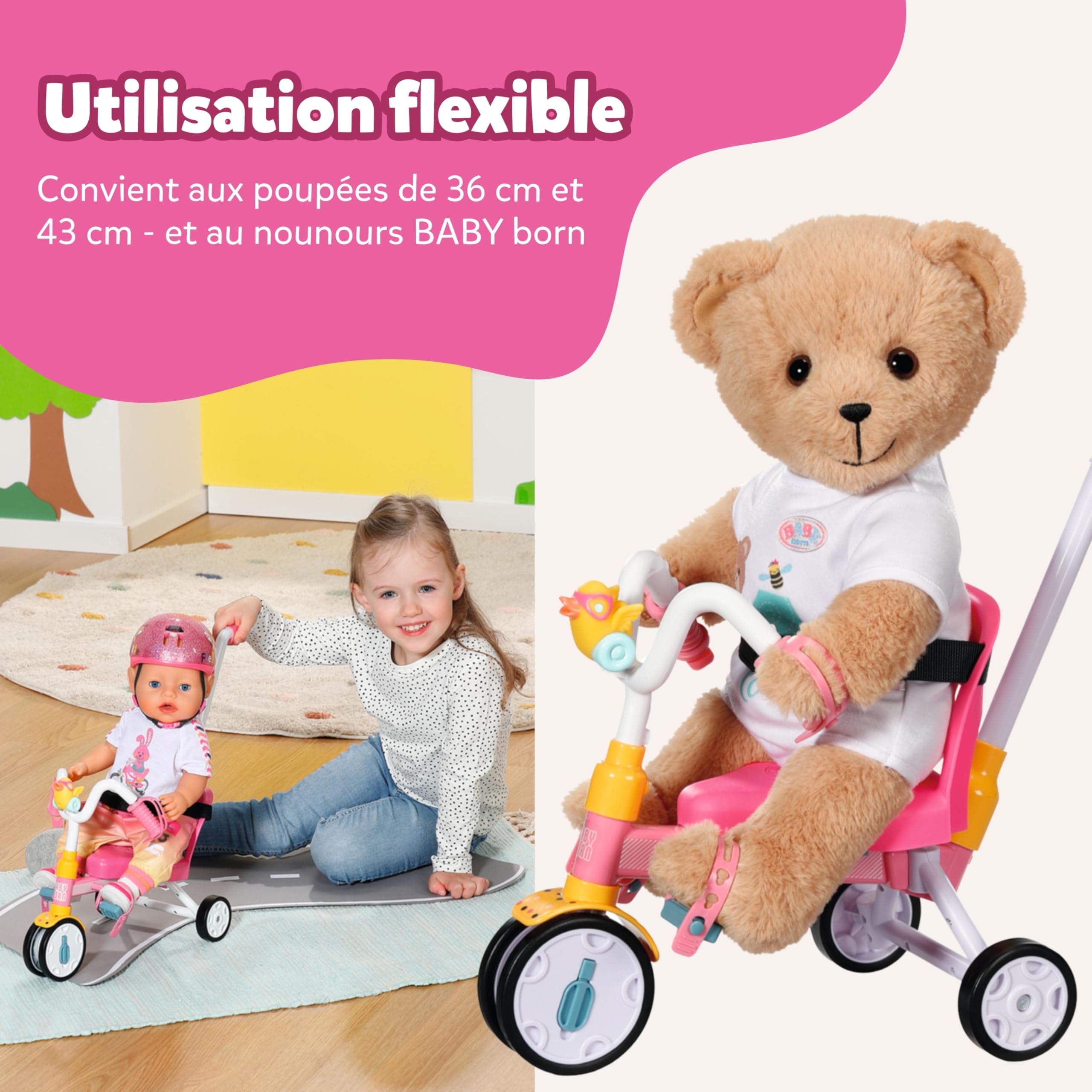 Baby Born Tricycle avec Barre de poussée - Trike avec Roues fonctionnelles et Ceinture de sécurité - Accessoire pour Toutes Les poupées de 36 cm et 43 cm - Convient aux Enfants dès 3 Ans