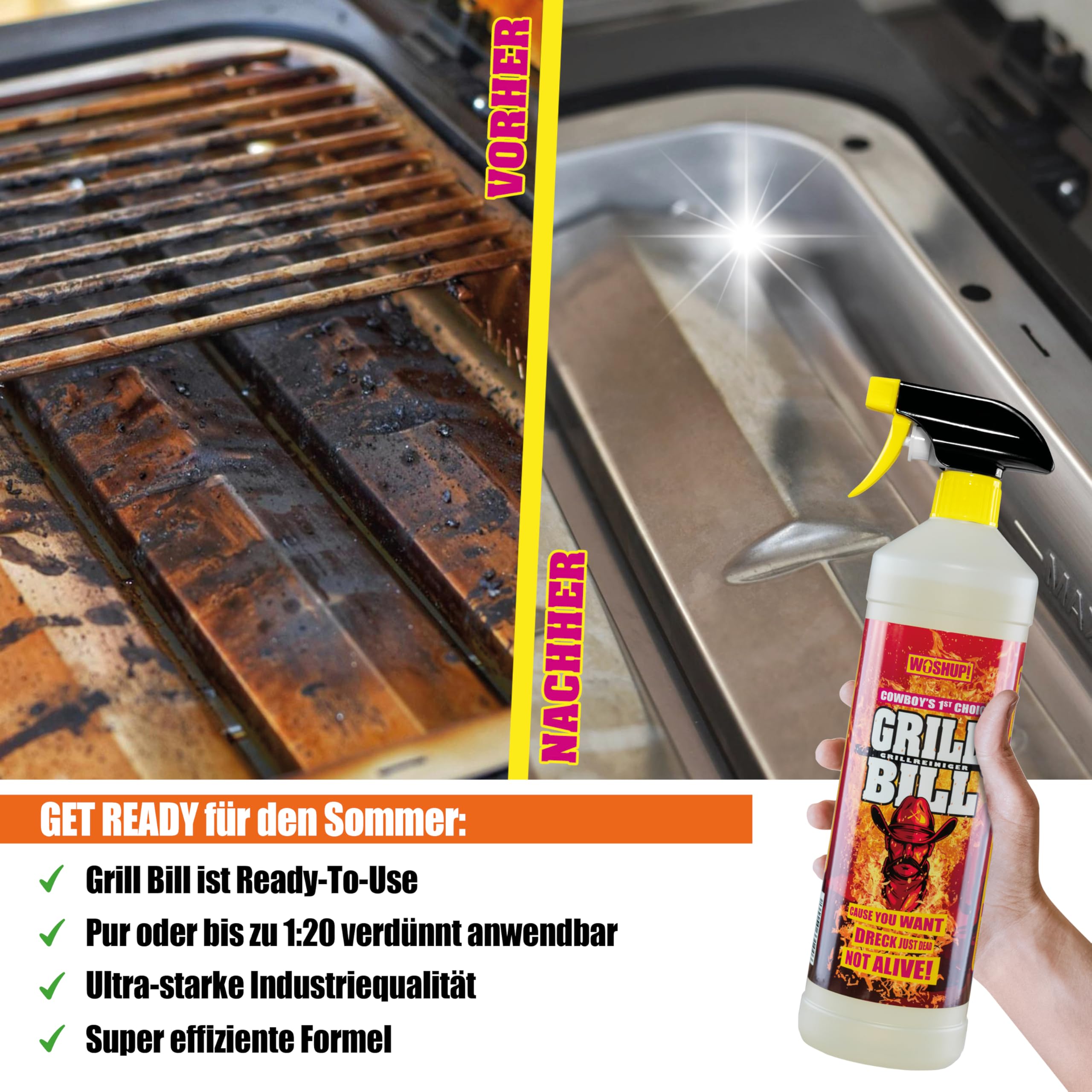 Grill Bill Grillreiniger in Industriequalität 1000 ml für Gasgrill und Holzkohlegrill, Smoker und Backofen - Entfernt Eingebranntes Ruß Schmutz und Fett (2x1 Liter)