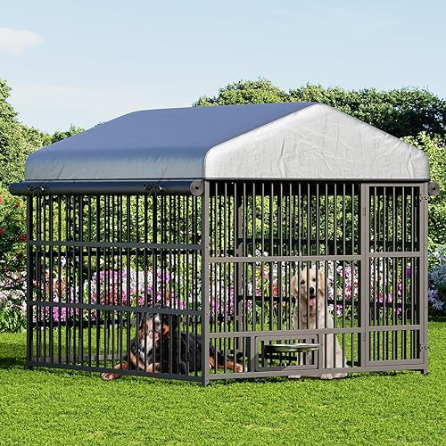 HOOBRO Perrera para perros al aire libre con tapa, 6.6 x 6.6 x 6.4 pies, con techo impermeable y cuencos giratorios para alimentación, caja de jaula