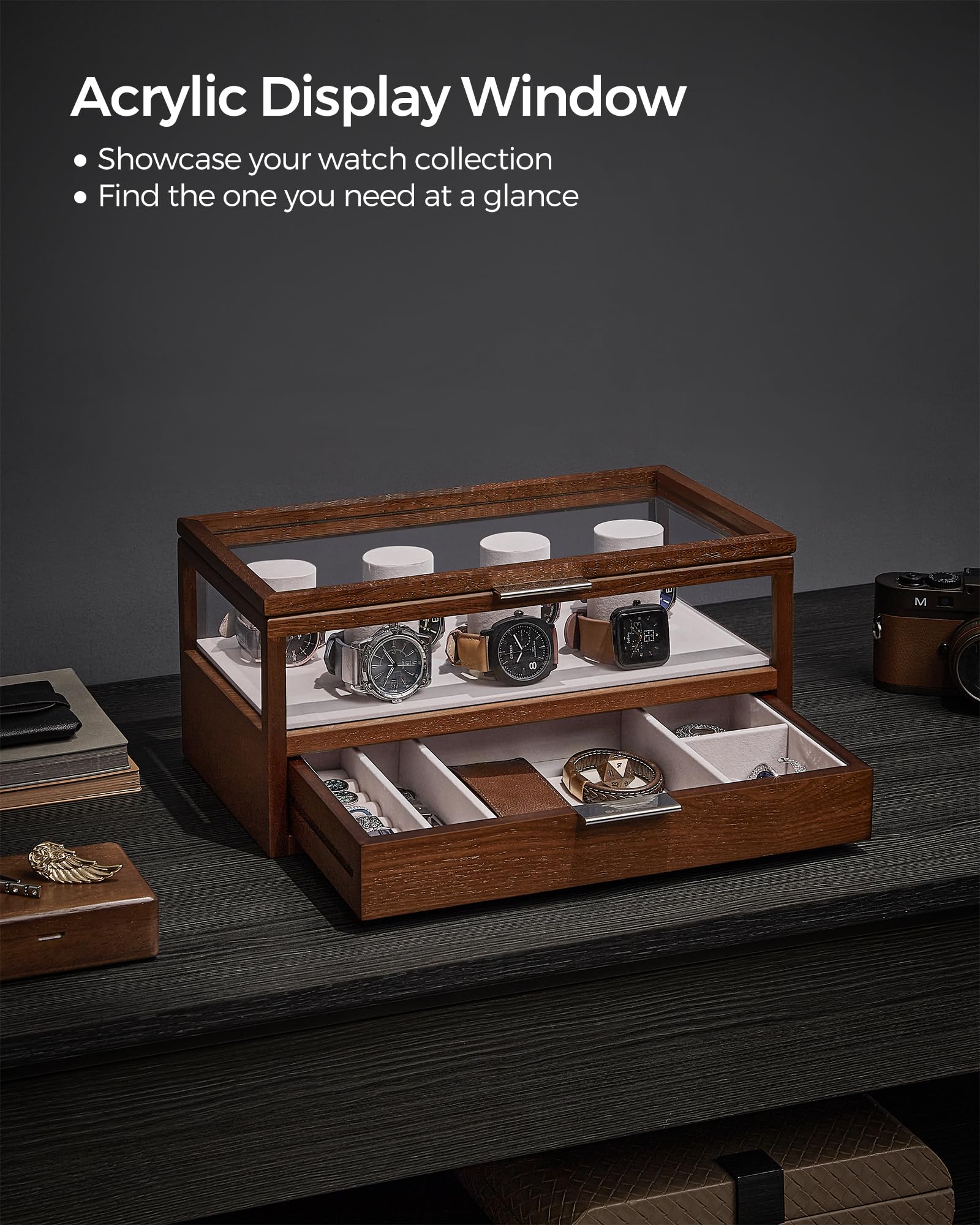 SONGMICS 2-Tier Wooden Watch Case, Christmas Gifts, Watch Display Box, Watch Holder with 7 Pillars, Drawer, Acrylic, Solid Wood Top and Veneer, Velvet Lining, Coffee Brown UJOW007K01
