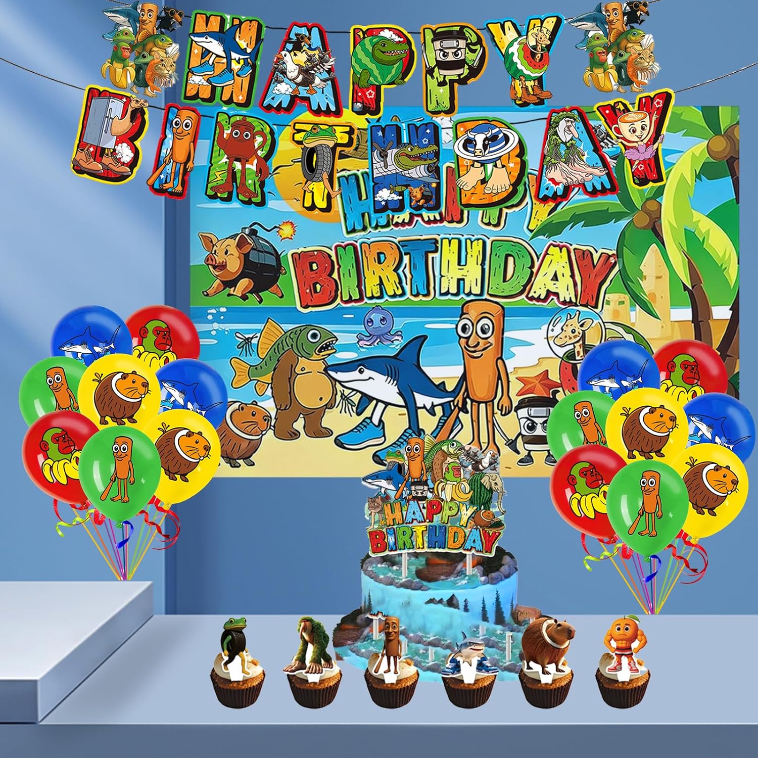 Italian Brainrot Birthday Party Decorations Set with Happy Birthday Tralalero Banner, Brain Rot Balloons, Cupcake Toppers,Backdrop Animal Theme Party for Kids