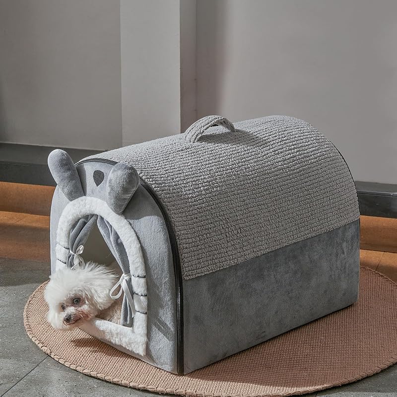 Small Dog House Indoor, Cat House with Door Curtain Design,Grey Puppy House | Dog Tent with Reversible Washable Cushion,M Size Portable Pet Cave for 7-13 lb Cats and 5-11 lb Dogs, Non-Slip Bottom