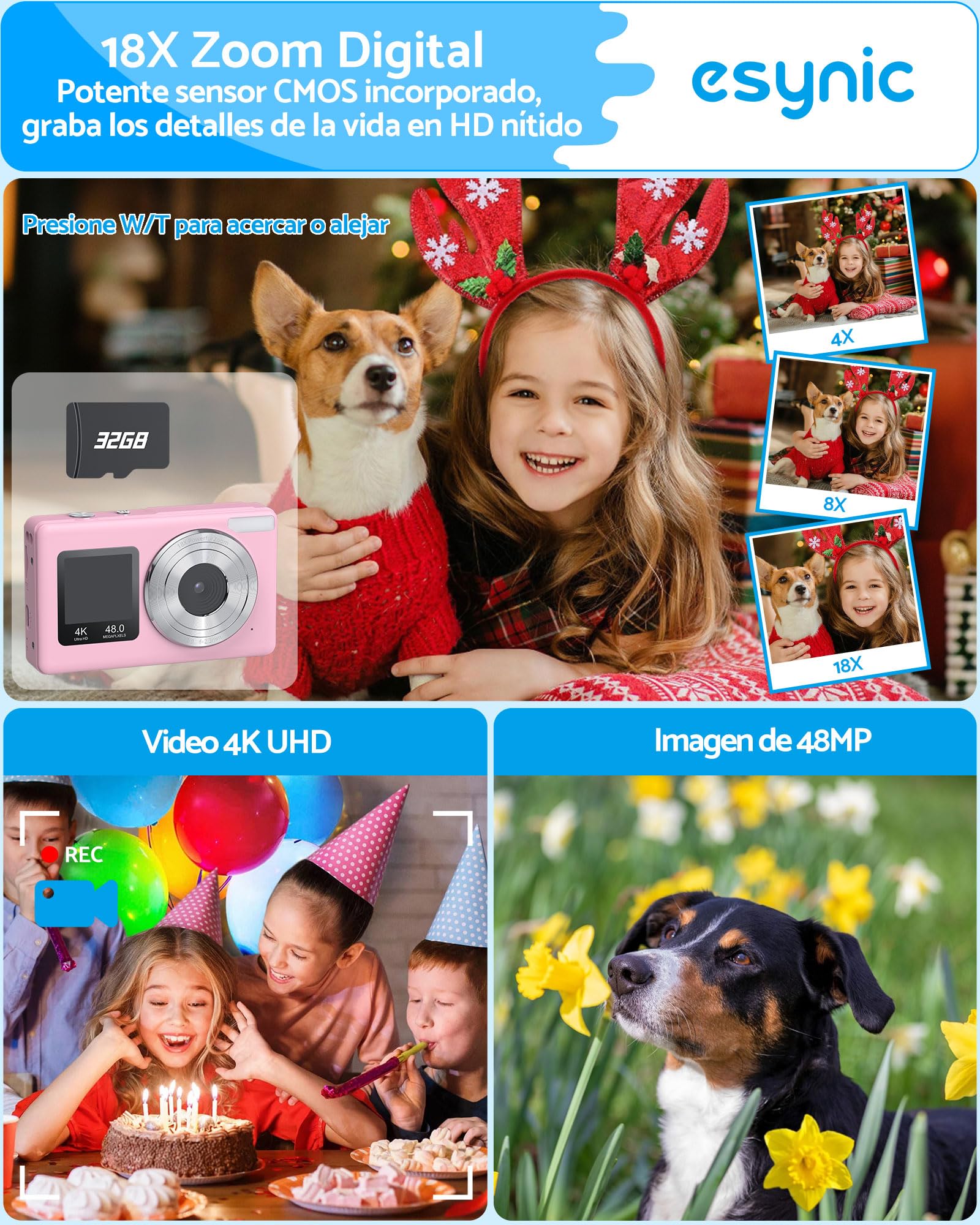 eSynic Cámara Fotos Infantil 4K 48MP con Tarjeta SD 32G, Zoom Digital 18X, Pantalla Dual para Selfies, Cámara Digital Compacta y Portátil para Niños y Principiantes, Ideal para Vlogging y Fotos