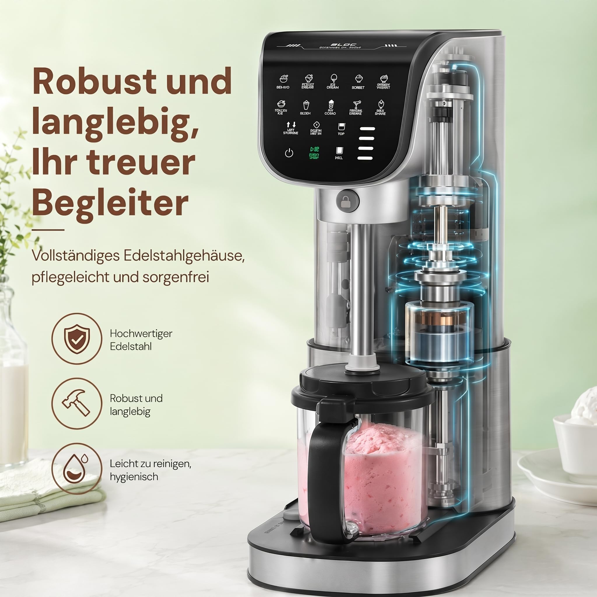 11-in-1 Eismaschine für Zuhause, vollautomatische Eiscreme Maschine mit 3 x 19 oz Bechern, für Gelato, Sorbet, Milchshake, Frozen Joghurt & Mix-ins, bürstenloser Moto Silber