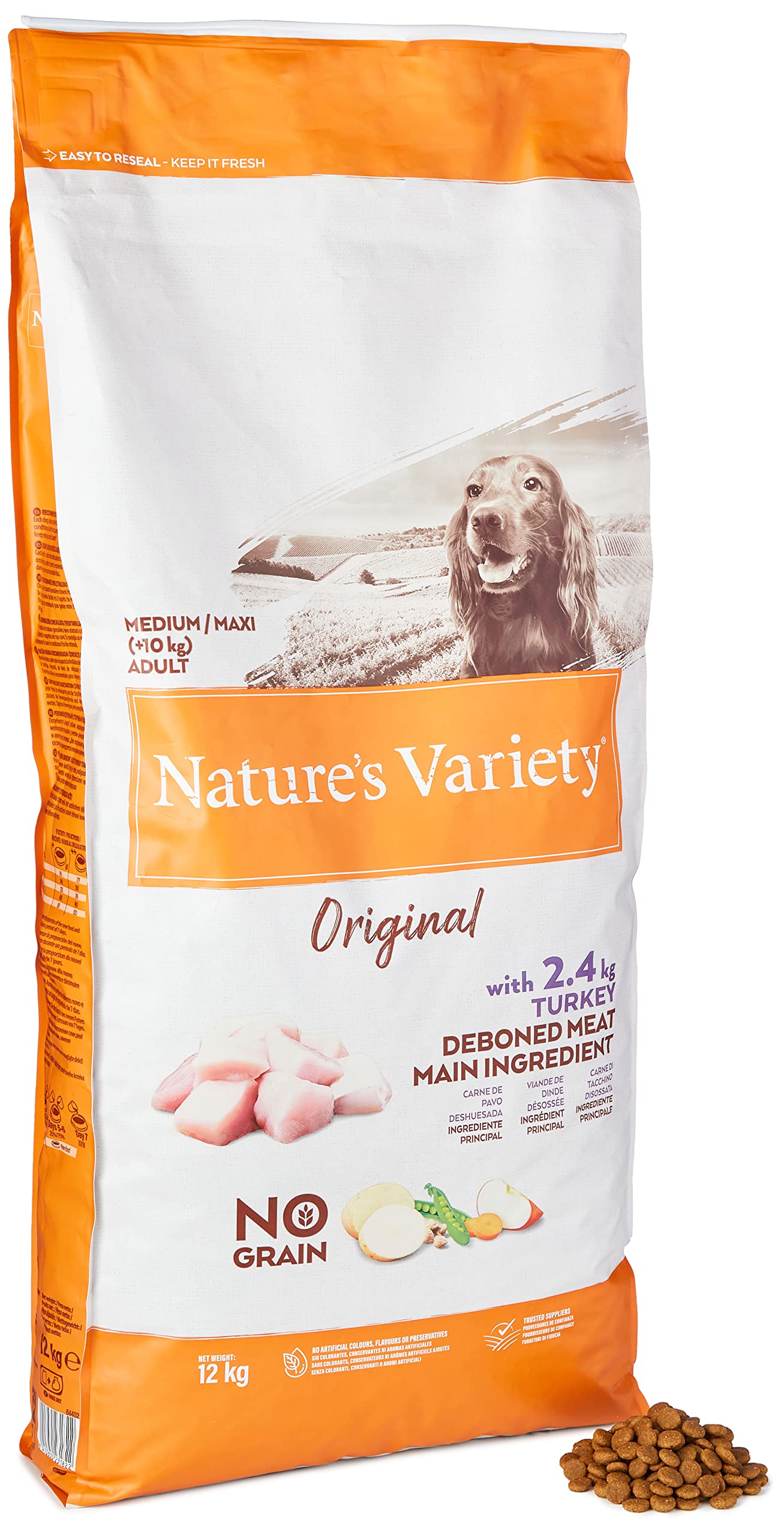 Nature's Variety Original No Grain, Pienso para Perros Adultos Medianos y grandes, Sin cereales, con Pavo deshuesado, 12kg