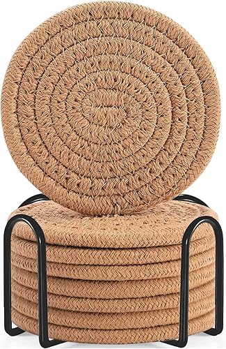 Miniatura 27 de ABenkle Juego de posavasos con soporte de 10 unidades, posavasos absorbentes tejidos de algodón para bebidas, juego de posavasos minimalista