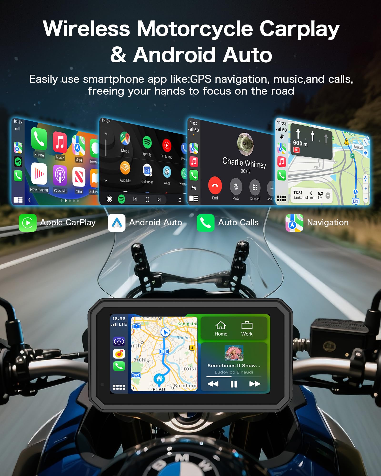 Jansite 4K Motorrad CarPlay Android Auto 6,25 Zoll Motorrad Navi mit Dashcam Vorne Hinten, IP67 Wasserdicht Bildschirm, Dual-Bluetooth,Siri/G-oogle Assistant
