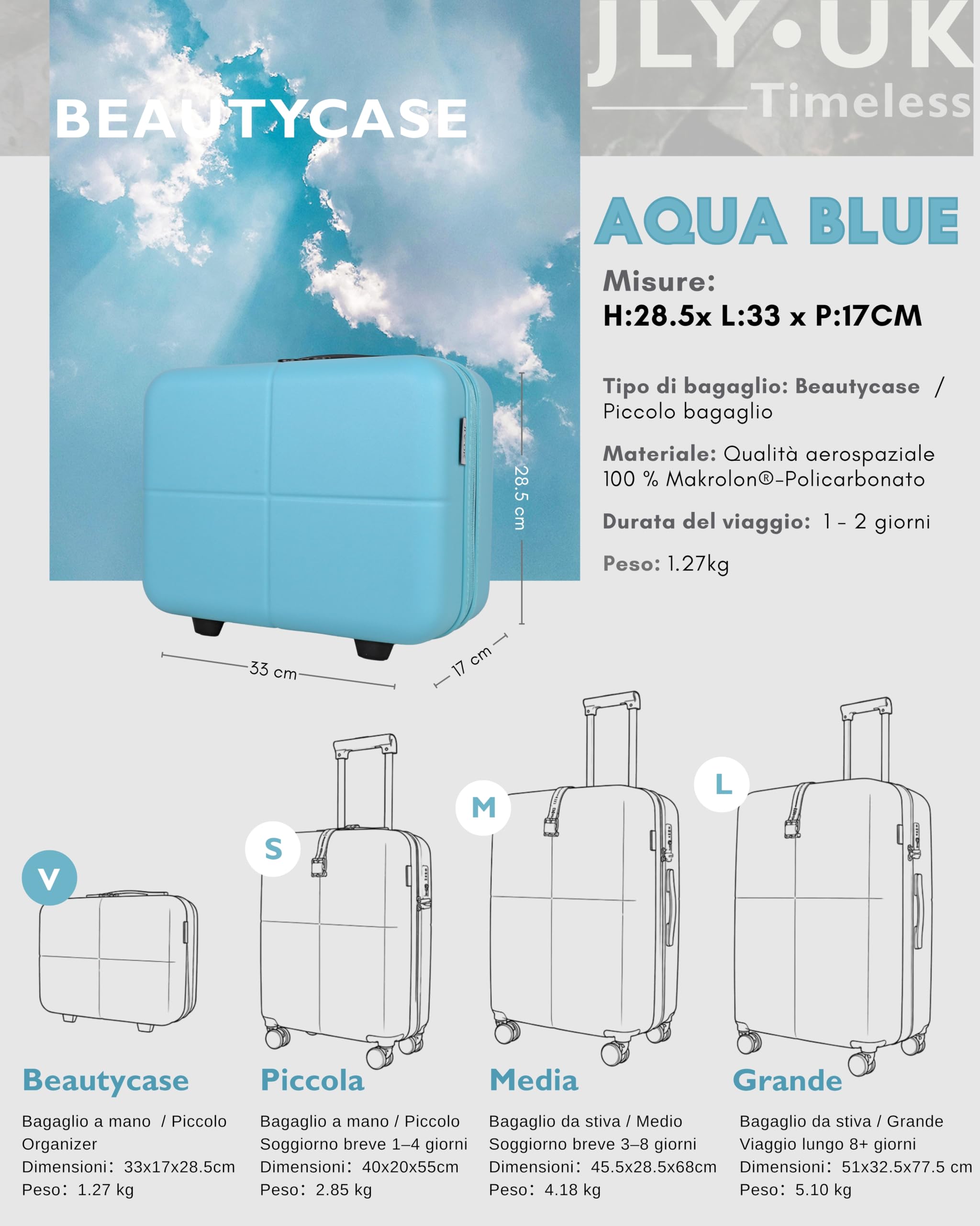 JLY Set di Valigie Rigide in 100% Policarbonato Covestro – Chiusura TSA, Ruote Silenziose, Design Elegante e Massima Organizzazione per Viaggi e Business (1 Pezzo, Azzurro, Vanity Case)