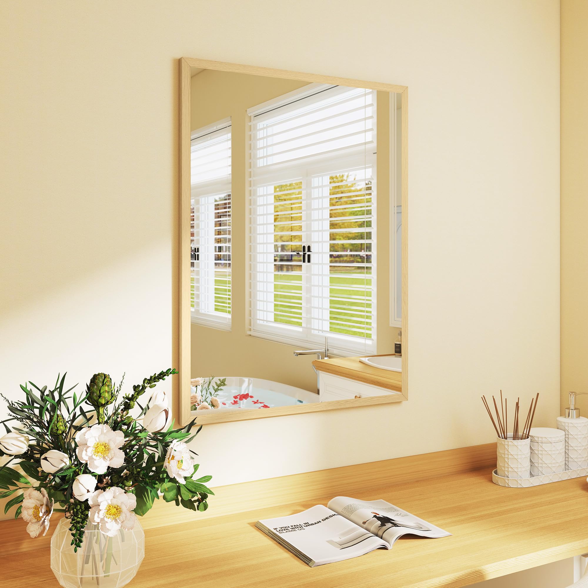 HOMCOM Espejo de Pared Rectangular 60x80 cm Marco de Madera Natural