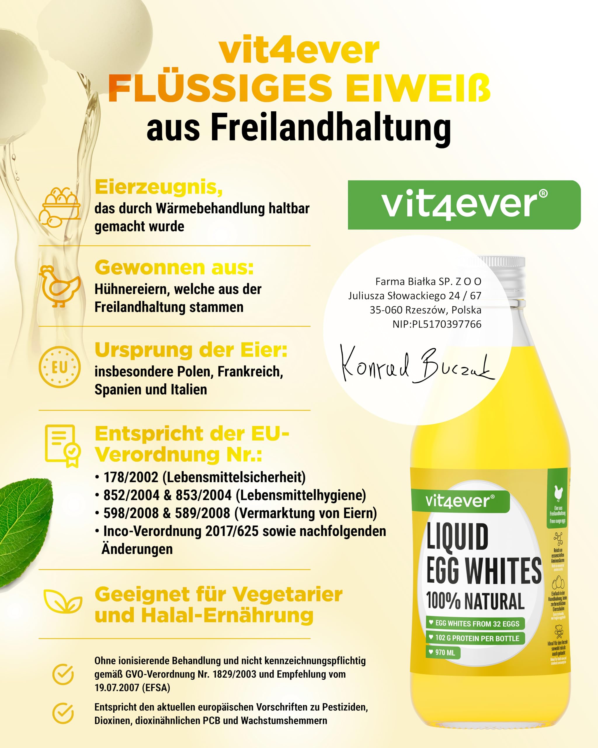 Vit4ever 100% Flüssiges Eiweiß (6x 970ml) Eiklar-flüssig aus Freilandhaltung Hühnereiweiß