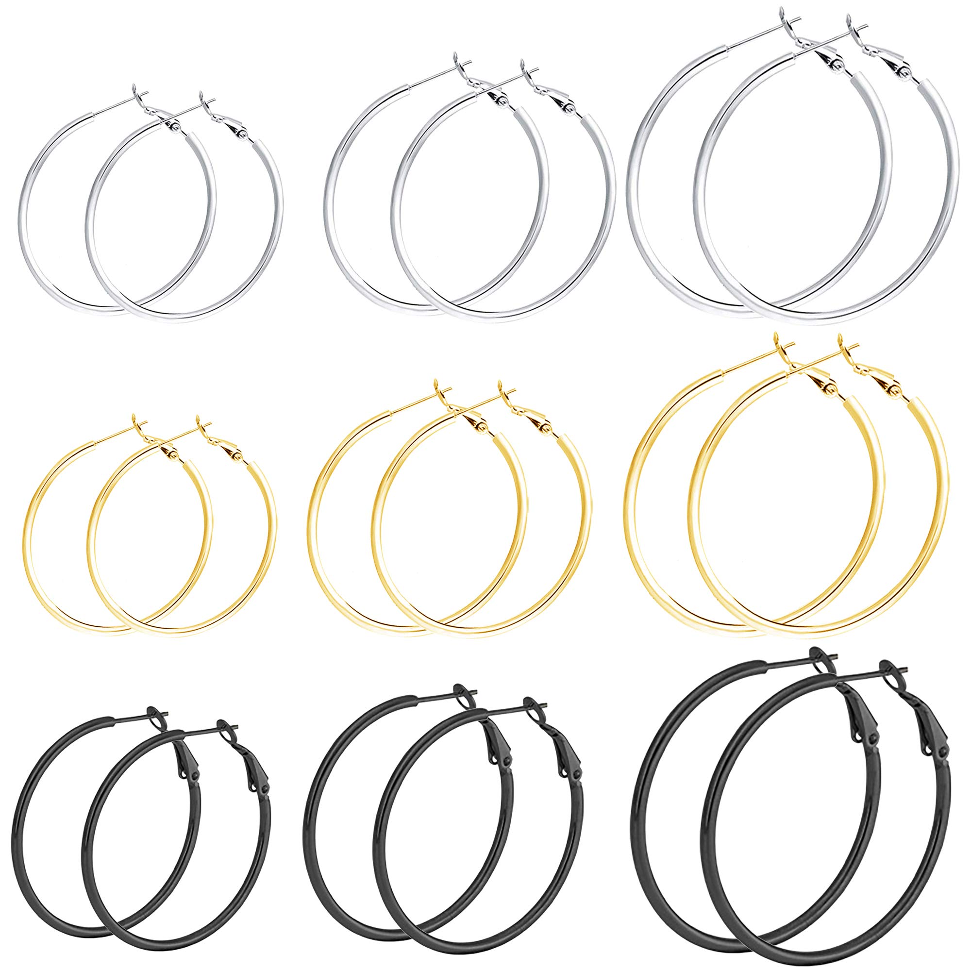 6 Pairs Big Hoop Earrings Set Silver Stainless Steel Hoop Earrings for Women Sensitive Ears