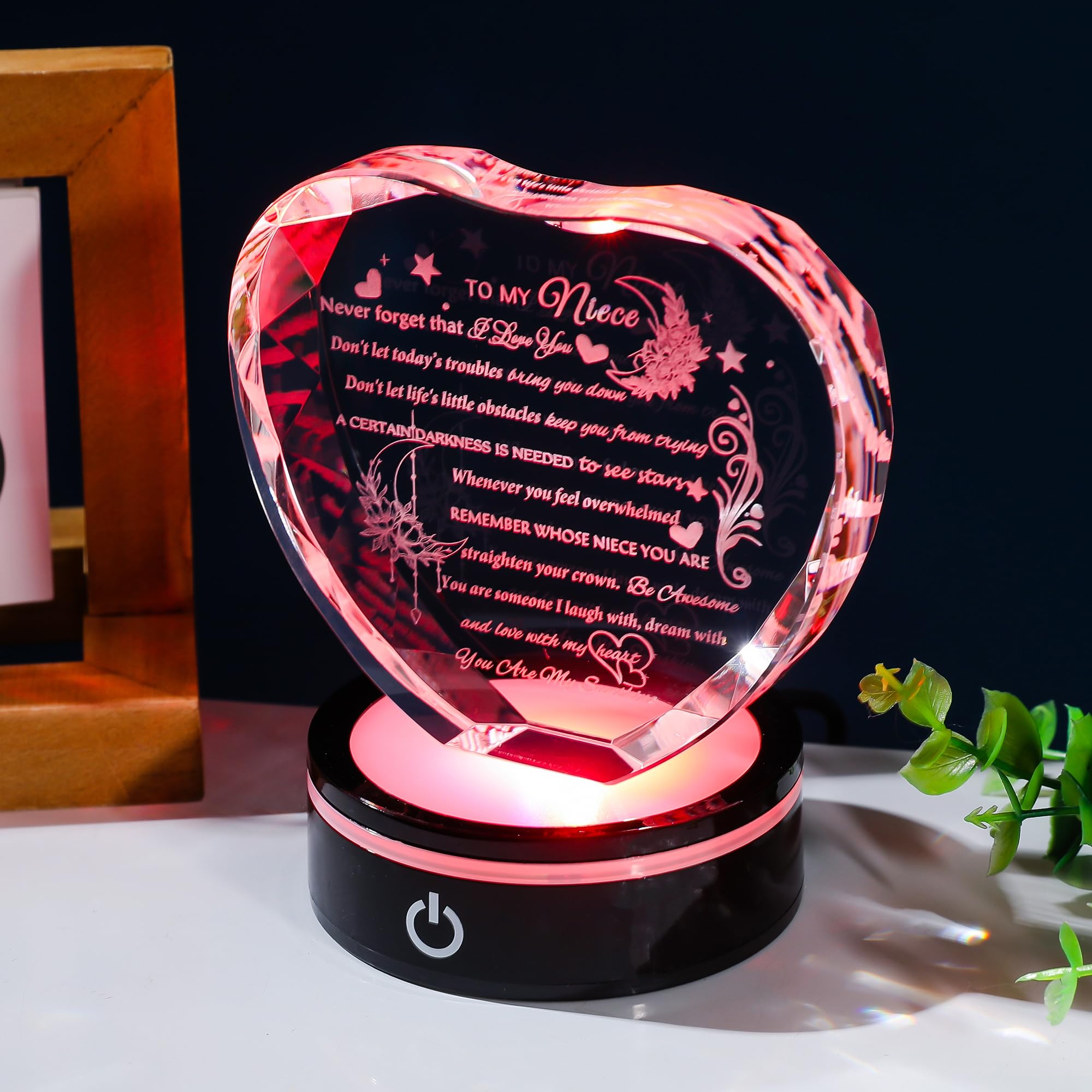 YWHL Niece Gifts from Auntie Uncle Heart Crystal Inspirational Graduation Gift for Niece with Colorful LED Base Unique Niece Gifts from Aunt on Birthday Christmas Valentine Day