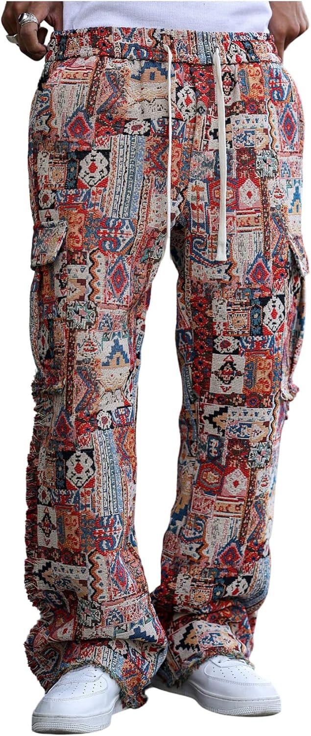 GORGLITTER Men's Patchwork Flared Pants Graphic Distressed Stacked Drawstring Waist Y2K Sweatpants Pants