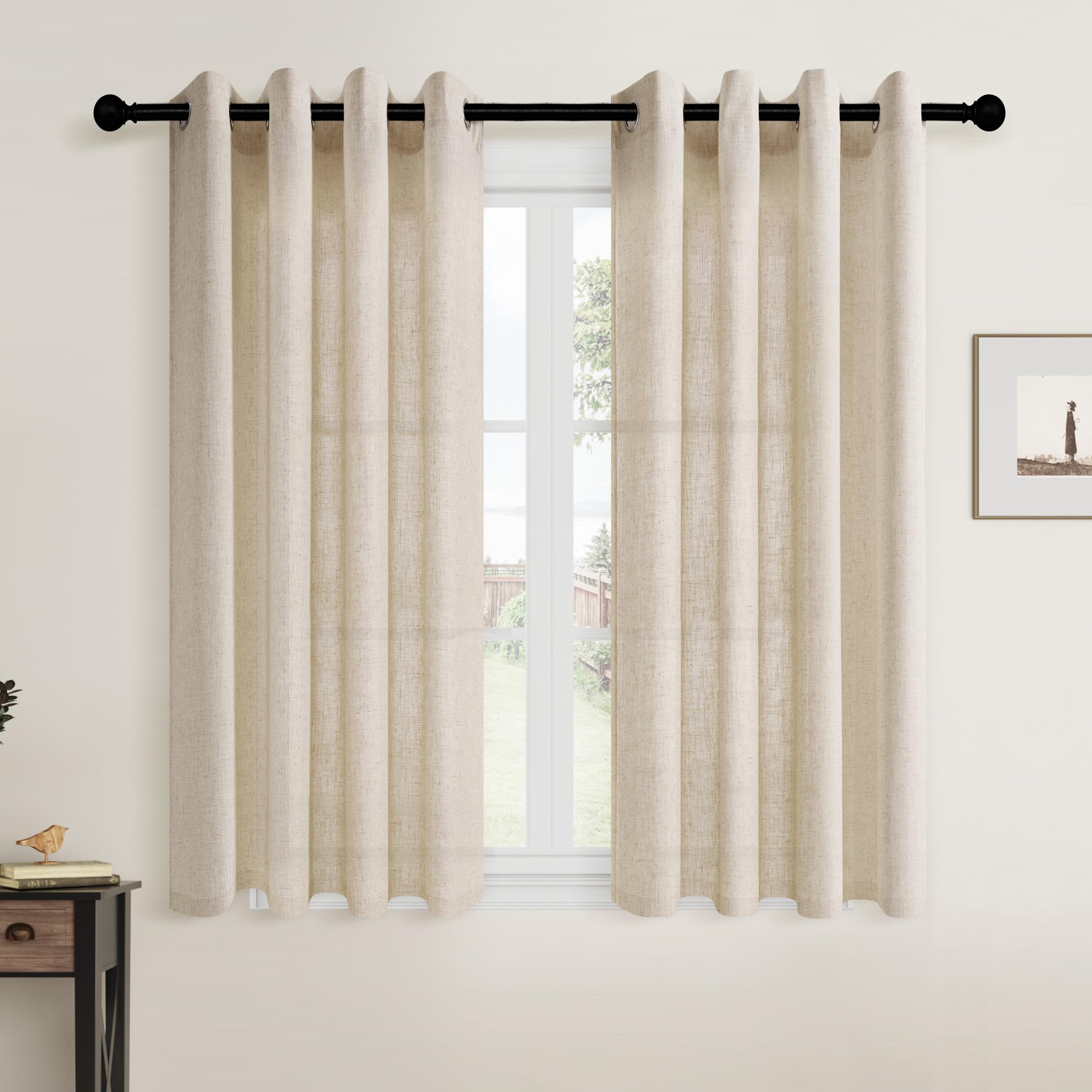Flax Beige Tan Linen Curtains 54 Inch Length 2 Panels Set for Bedroom Dining Room Kitchen Grommet Linen Drape Semi Sheer Boho Farmhouse Neutral Country Window Curtain 54 Inches Long for Living Room โ image 1