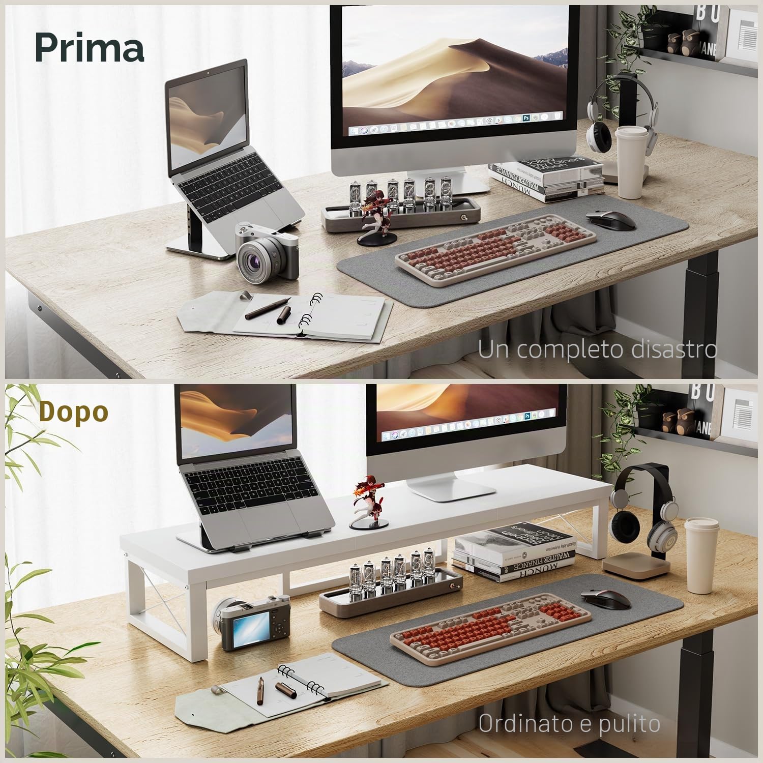 IBUYKE Supporto per doppio Monitor di Computer, 97cm Legno Tavolo Organizer Supporto, Scrivania da Ufficio con Doppio Schermo, Adatto per PC, Stampanti, Laptop, TV, Bianco TDJ002W
