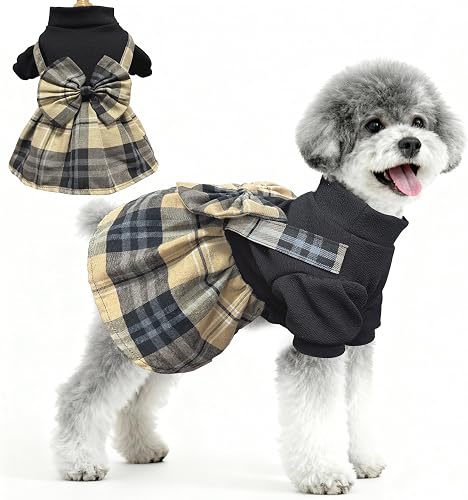 Classic Plaid Dog Dress Cute for Small Dogs Girl, Big Bow & Puff Sleeve Puppy Clothes Outfit Spring Summer Princess Clothes Birthday Holiday Doggie Pet Apparel (Khaki, Large)