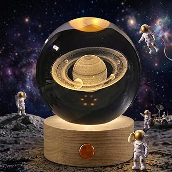 3D Saturn Crystal Ball Lamp 8 cm - LED Decorative Night Light with Colourful Colour Changing & Solid Wood Base Premium K9 Glass Ball Mood Lamp with USB Astronomy Gift for Bedroom Living Room