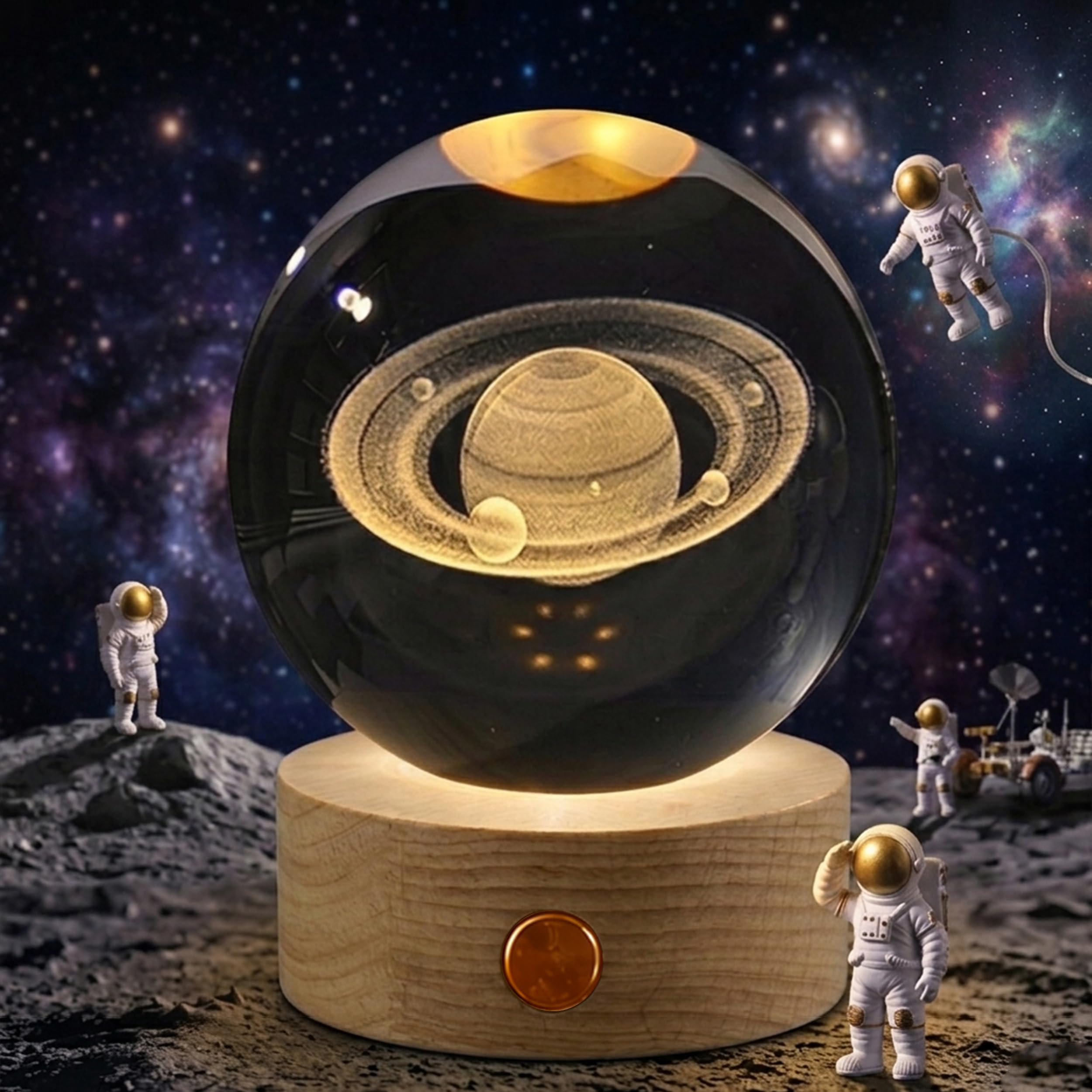 Lampada Sfera di Cristallo Saturno 3D (8cm) – Luce Notturna LED Multicolor con Base in Legno Massello e Batteria Ricaricabile USB, Sfera in Vetro K9 per Decorazioni Casa, Camera e Regalo Astronomia
