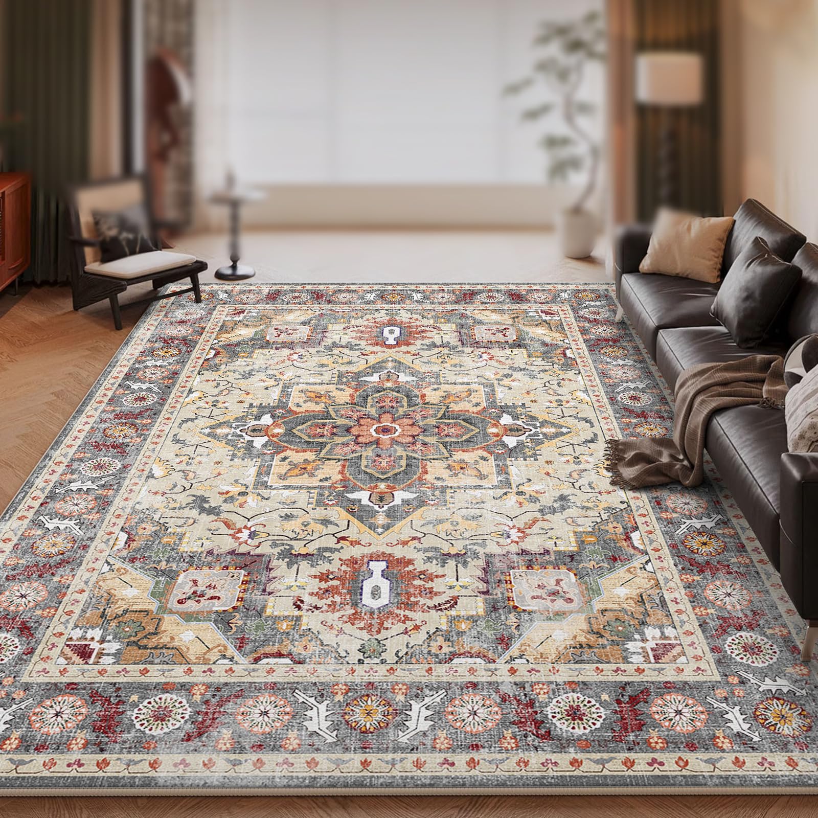 Tapis de sol multicolore vintage beige pour protéger le parquet de la chambre