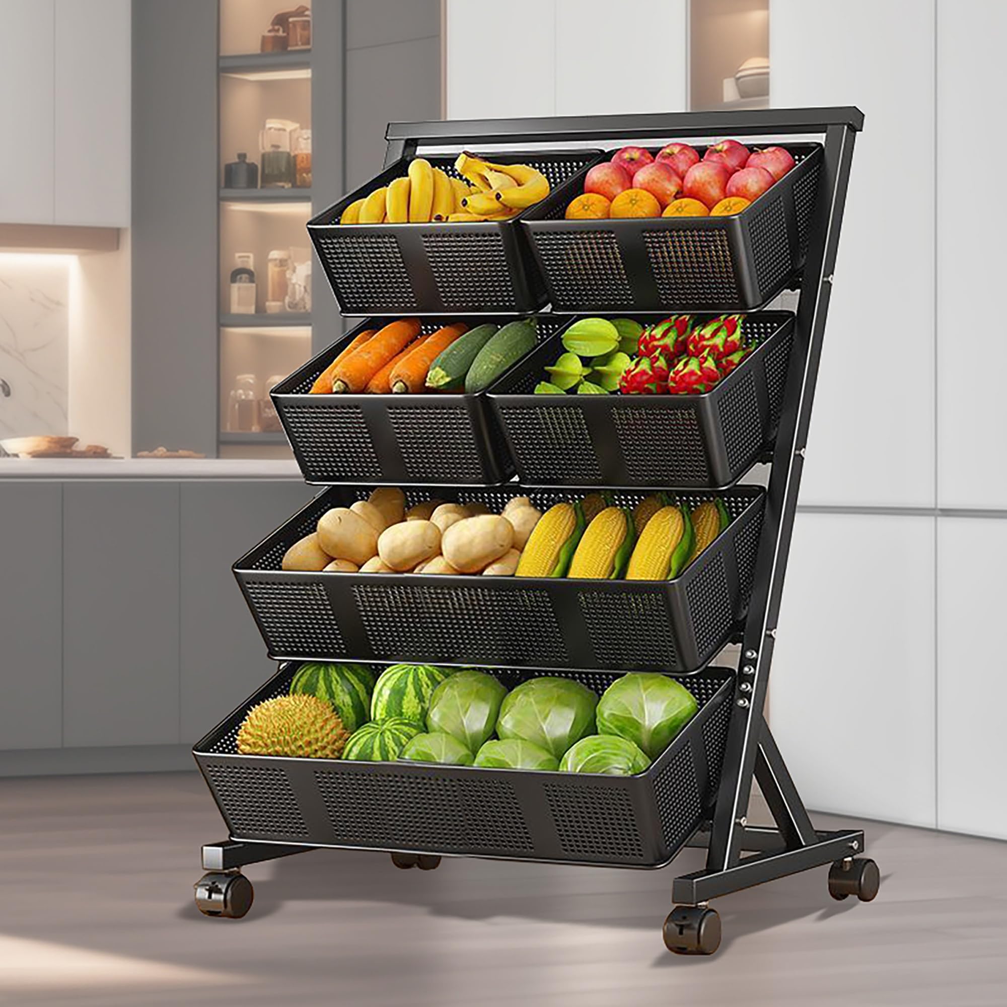 Estante Expositor de Dulces y Snacks de 3/4 Niveles, de pie, para Cocina, Organizador Angular para Patatas Fritas, Frutas, supermercado y despensa (Negro, 4 Niveles - 119 cm)