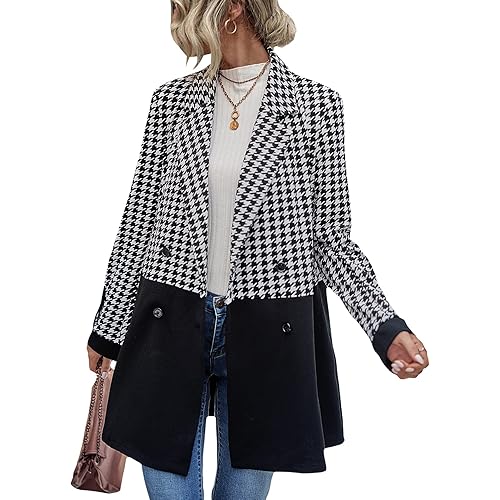 WDIRARA Women's Houndstooth Print Lapel Collar Long Sleeve Double Breasted Coat Outwear