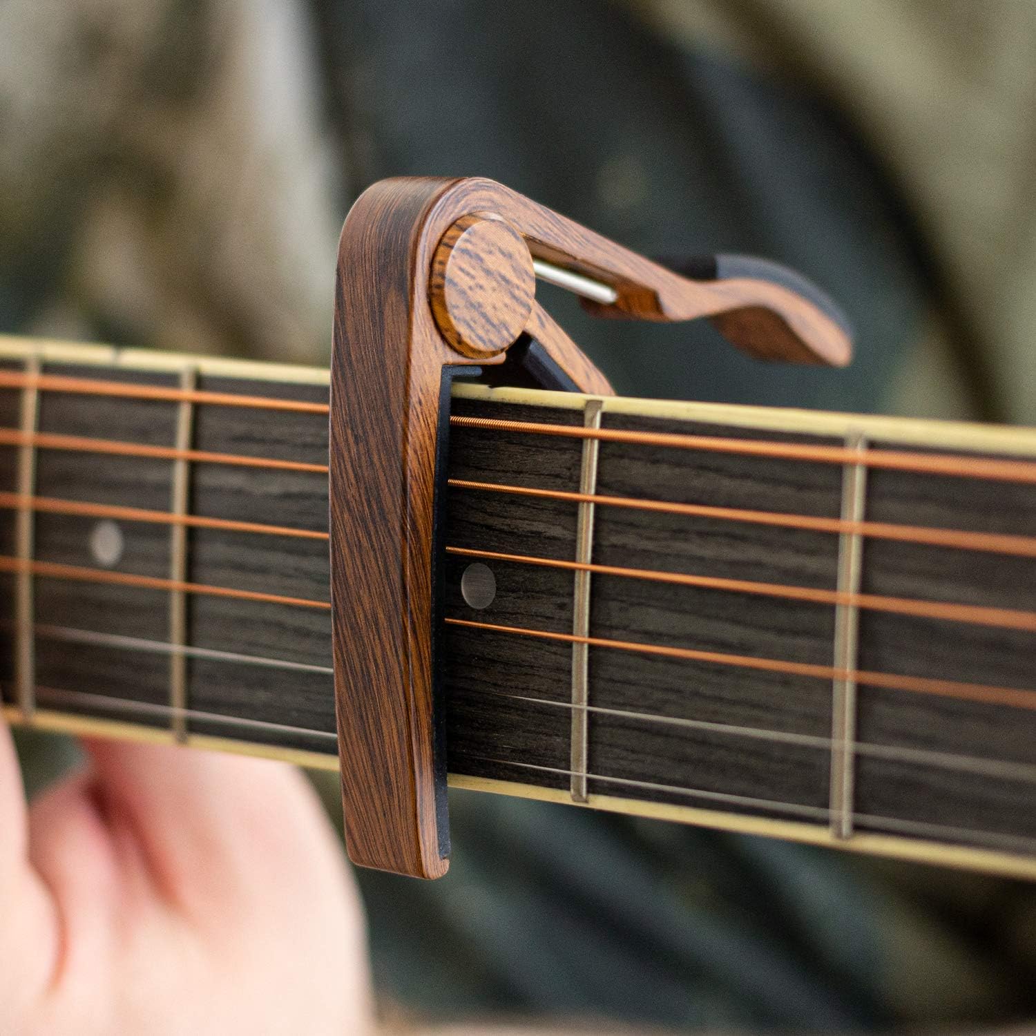 Tiger Trigger Capo with a Dark Wood Finish - Wooden Finish Guitar Capo - Suitable for Acoustic, Electric and Bass Guitar