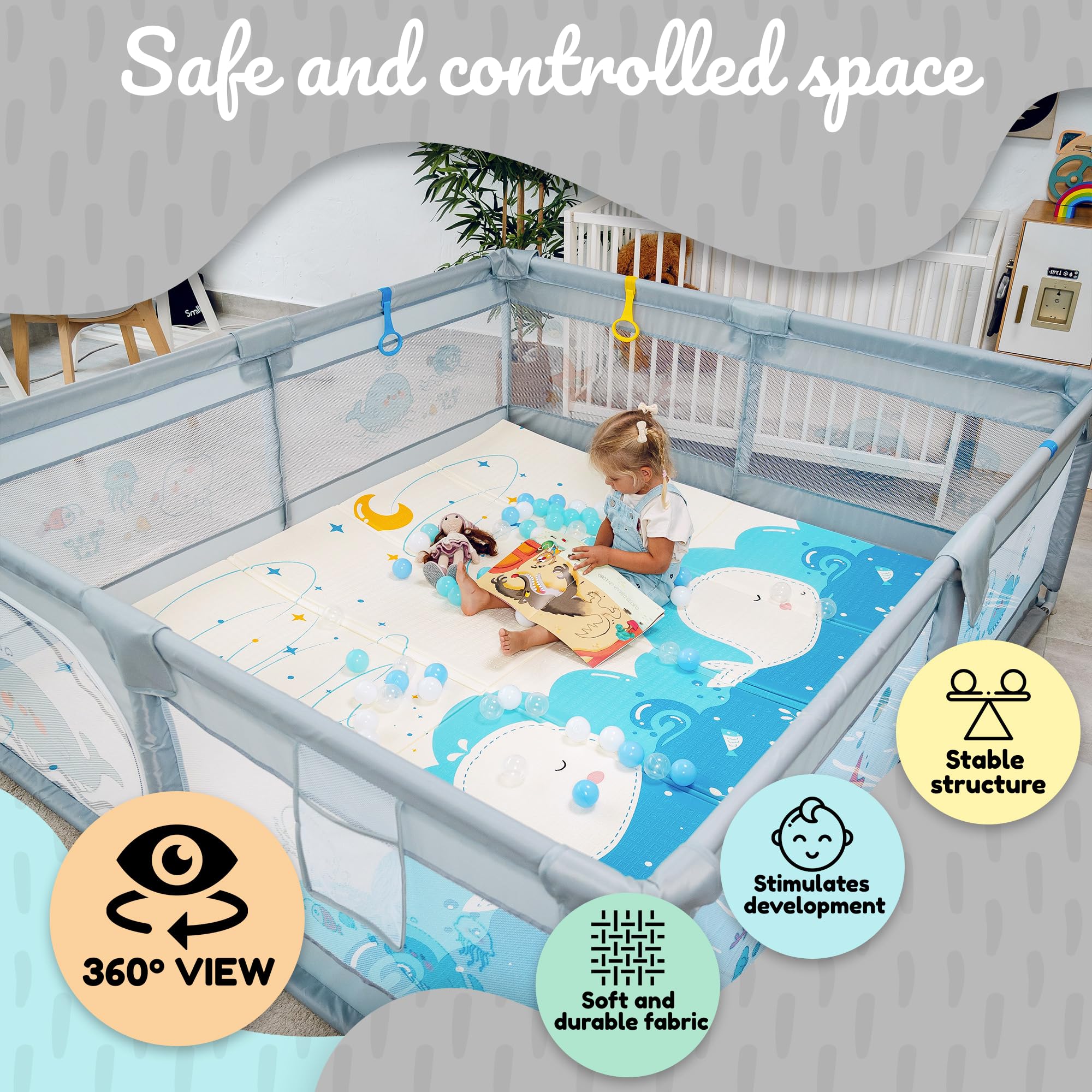 Parque Infantil Bebe 150x180cm + Alfombra Bebe + 60 Bolas + Agarraderas + Bolsas de Transporte – Corralito Bebe con Malla Transpirable – Parque de Juegos Bebe – Playpen Bebe (150x180 cm)