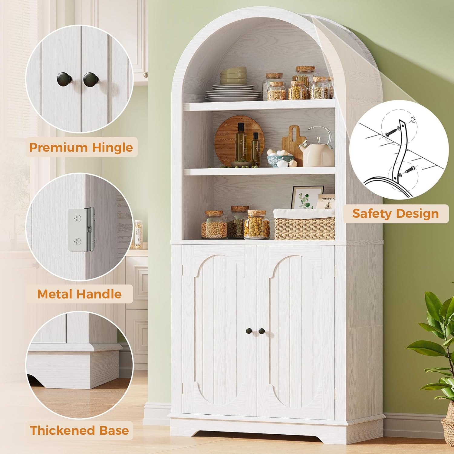 IRONCK 71" Tall Arched Kitchen Pantry Cabinet, Modern Kitchens Storage Cabinet with Open & Adjustable Shelves, Freestanding Cupboard for Living Room, Dining Room, White