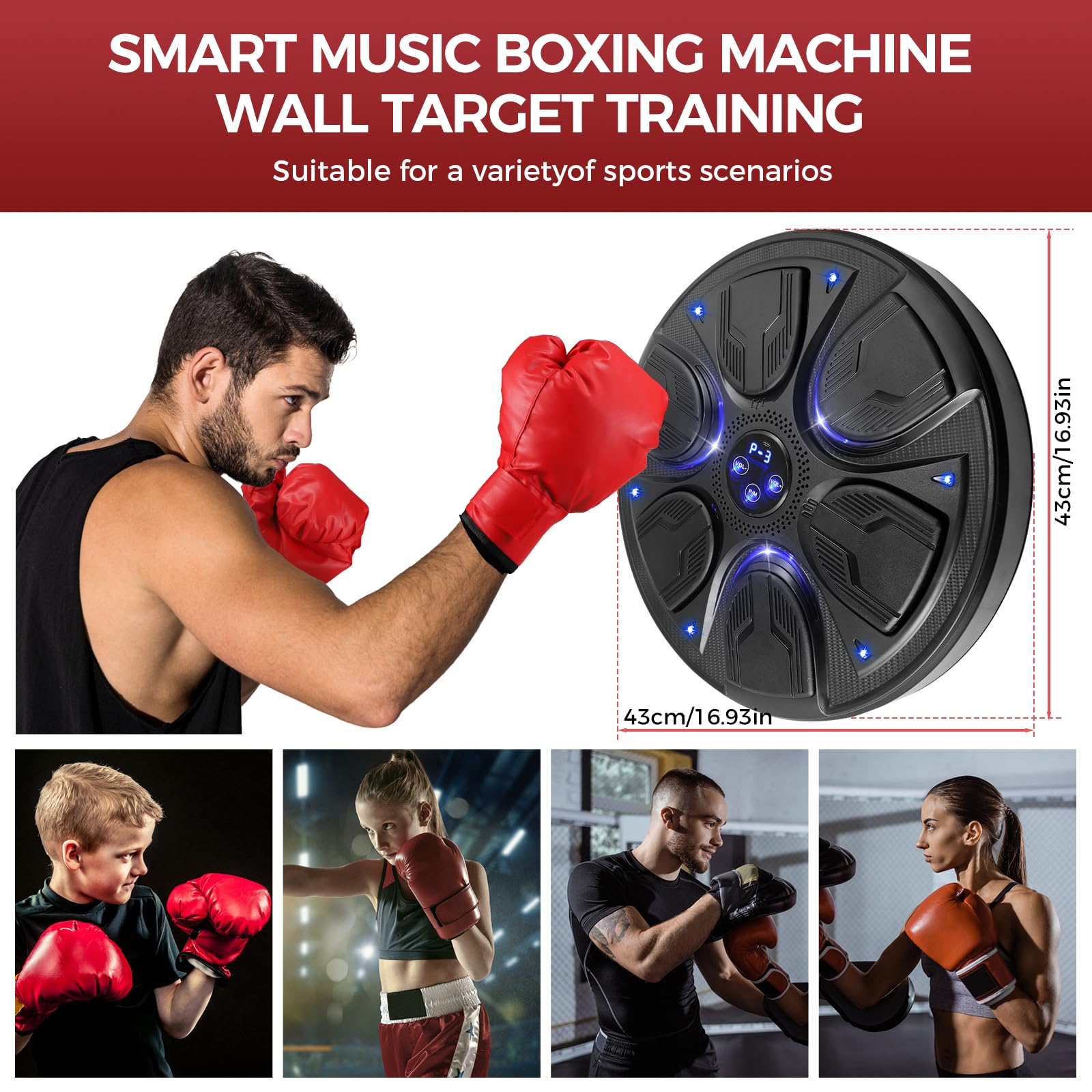 Towwoo Macchina della Boxe Montata al Muro, Astuti Cuscinetti di Punzonatura Dell'Attrezzatura della Boxe Musicale con La Luce del LED, Obiettivo Elettronico della Boxe con La Musica di Bluetooth