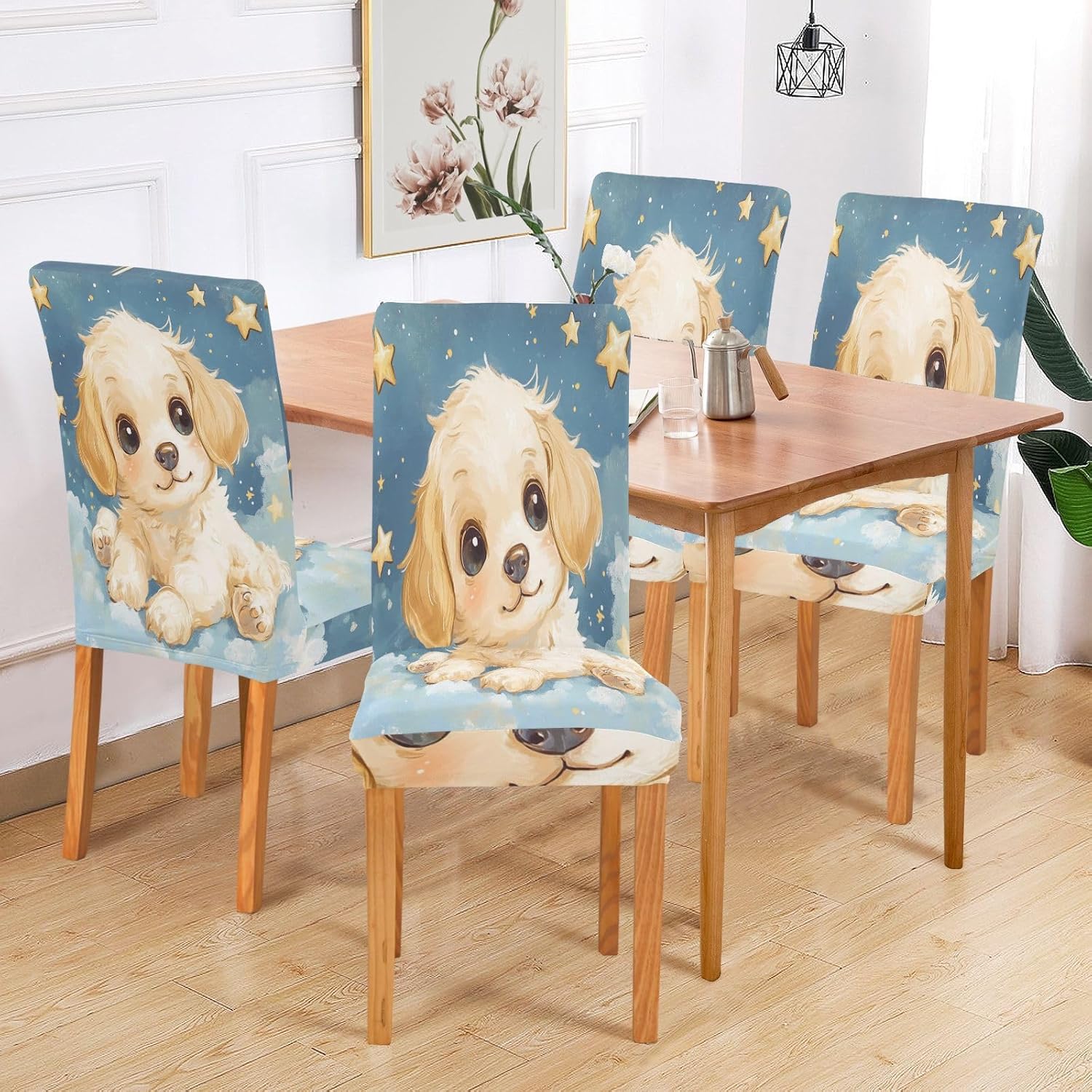 ALAZA Chair Covers for Dining Room, Cute Puppy Dog Clound Stars Stretch Chair Cover Sets Chair Protector Removable Washable for Ktichen Restaurant Hotel