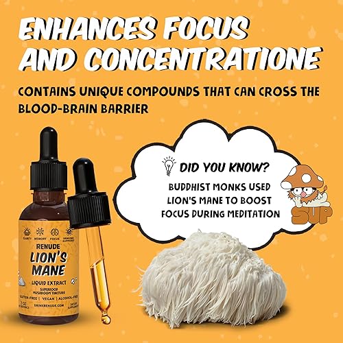 Miniatura 6 de Renude Extracto líquido de melena de león  Tintura de hongos, gotas de melena de león, suplemento para el cerebro y el apoyo inmunológico, promueve